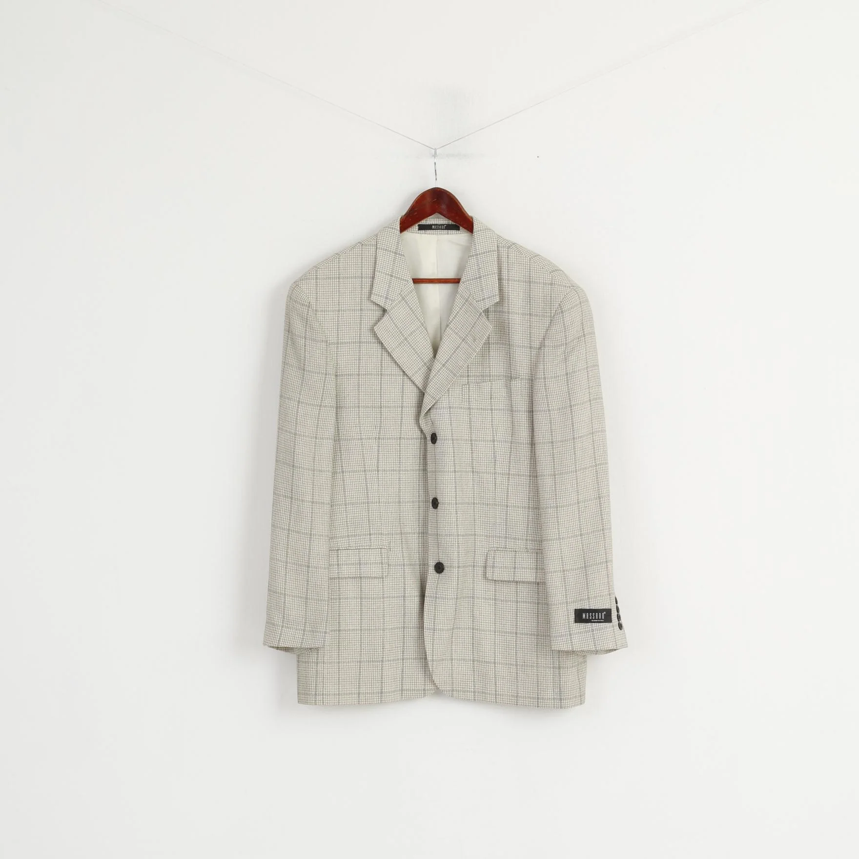 Massaro Men 54 Blazer Cream Checkered Wool Italy Shoulder Pads Single Breasted Jacket