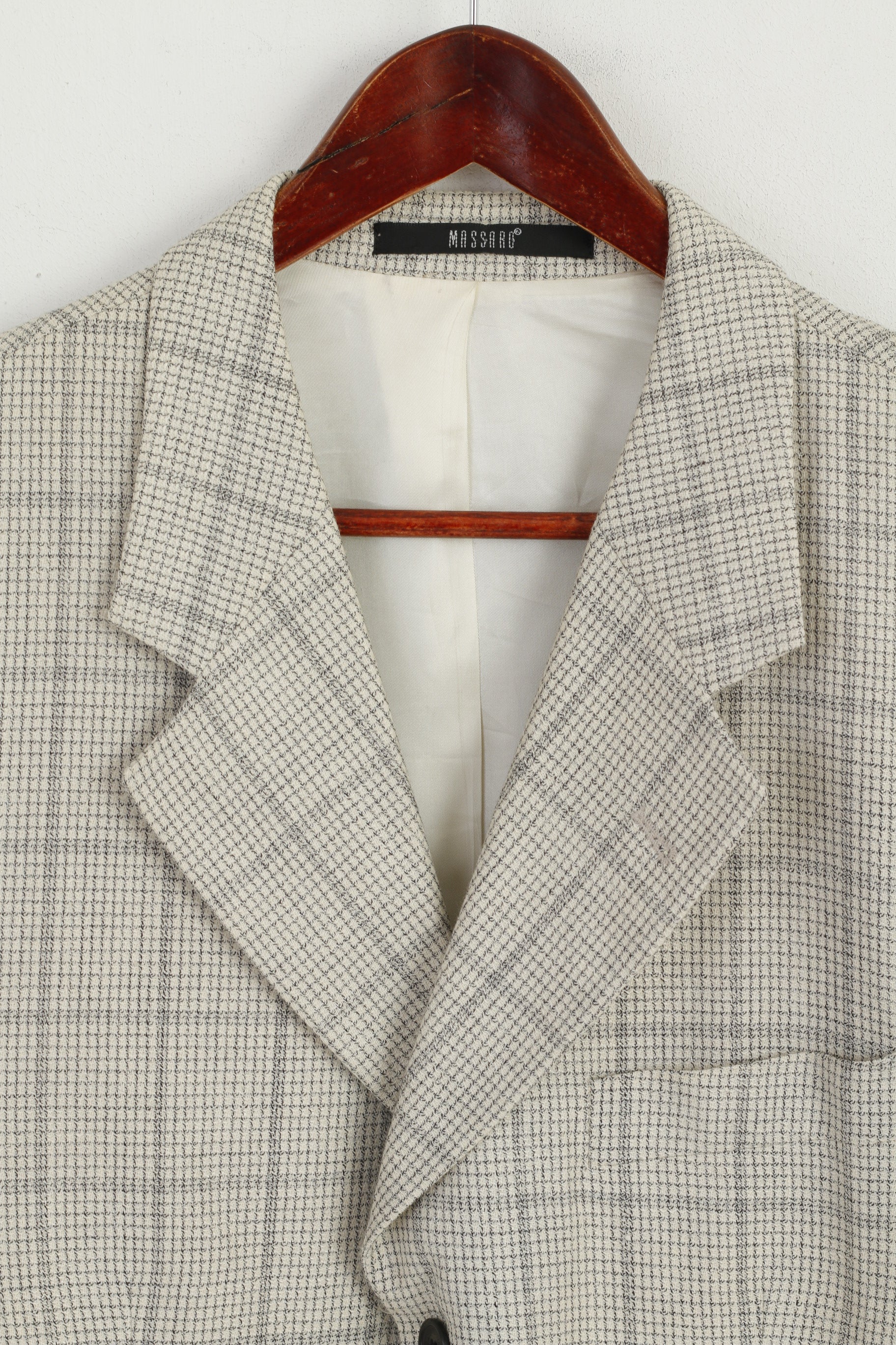 Massaro Men 54 Blazer Cream Checkered Wool Italy Shoulder Pads Single Breasted Jacket - Image 2