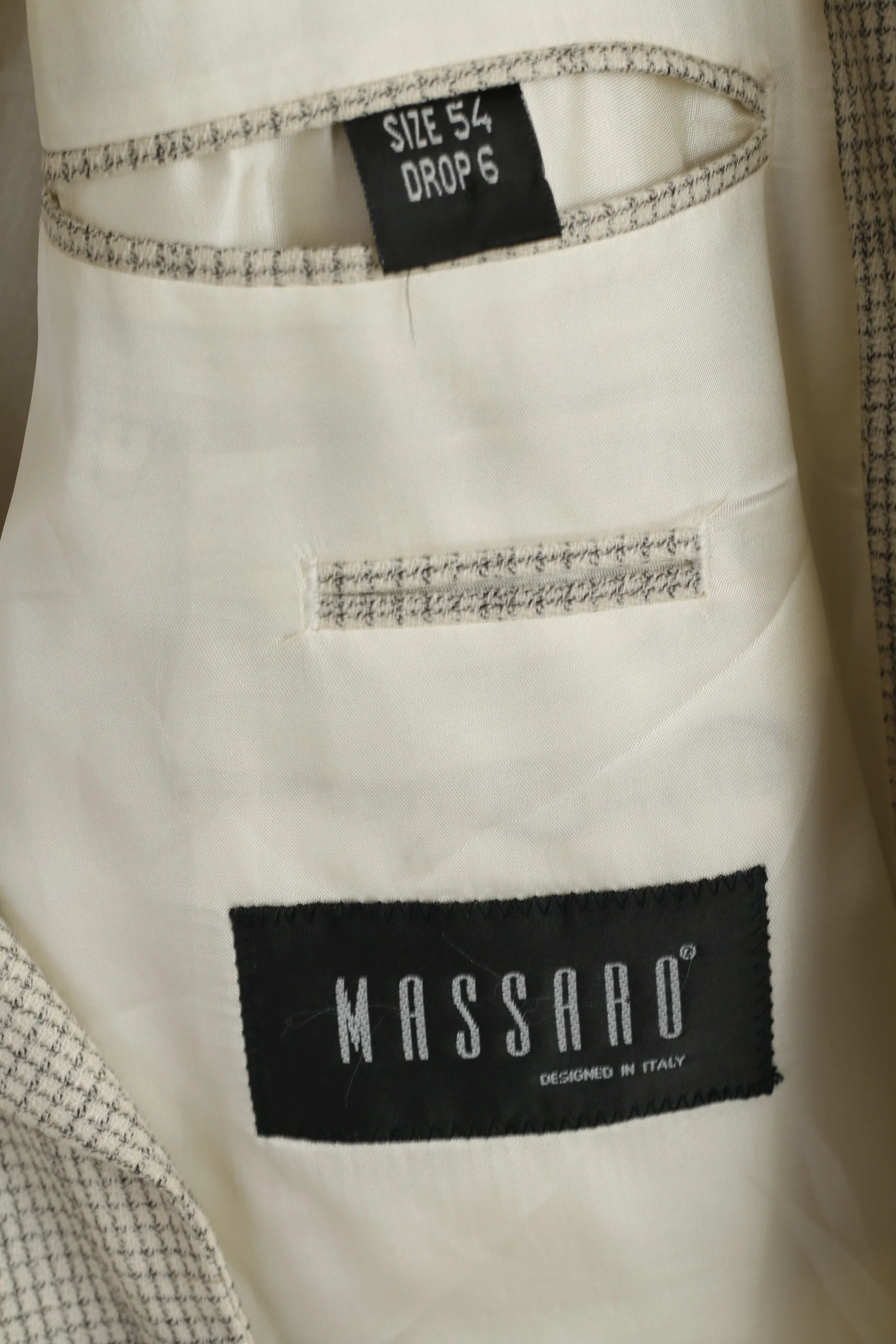 Massaro Men 54 Blazer Cream Checkered Wool Italy Shoulder Pads Single Breasted Jacket - Image 5