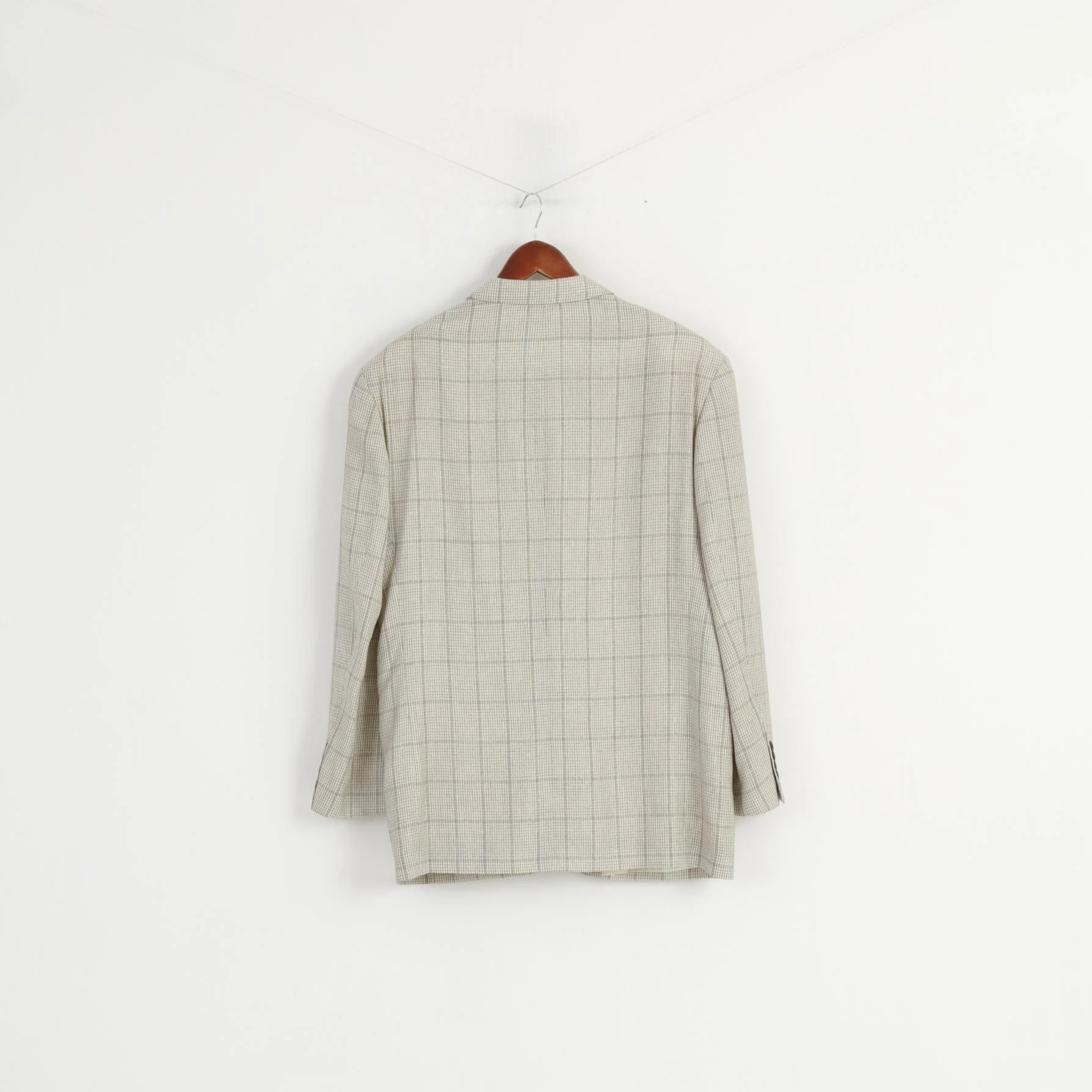 Massaro Men 54 Blazer Cream Checkered Wool Italy Shoulder Pads Single Breasted Jacket - Image 7