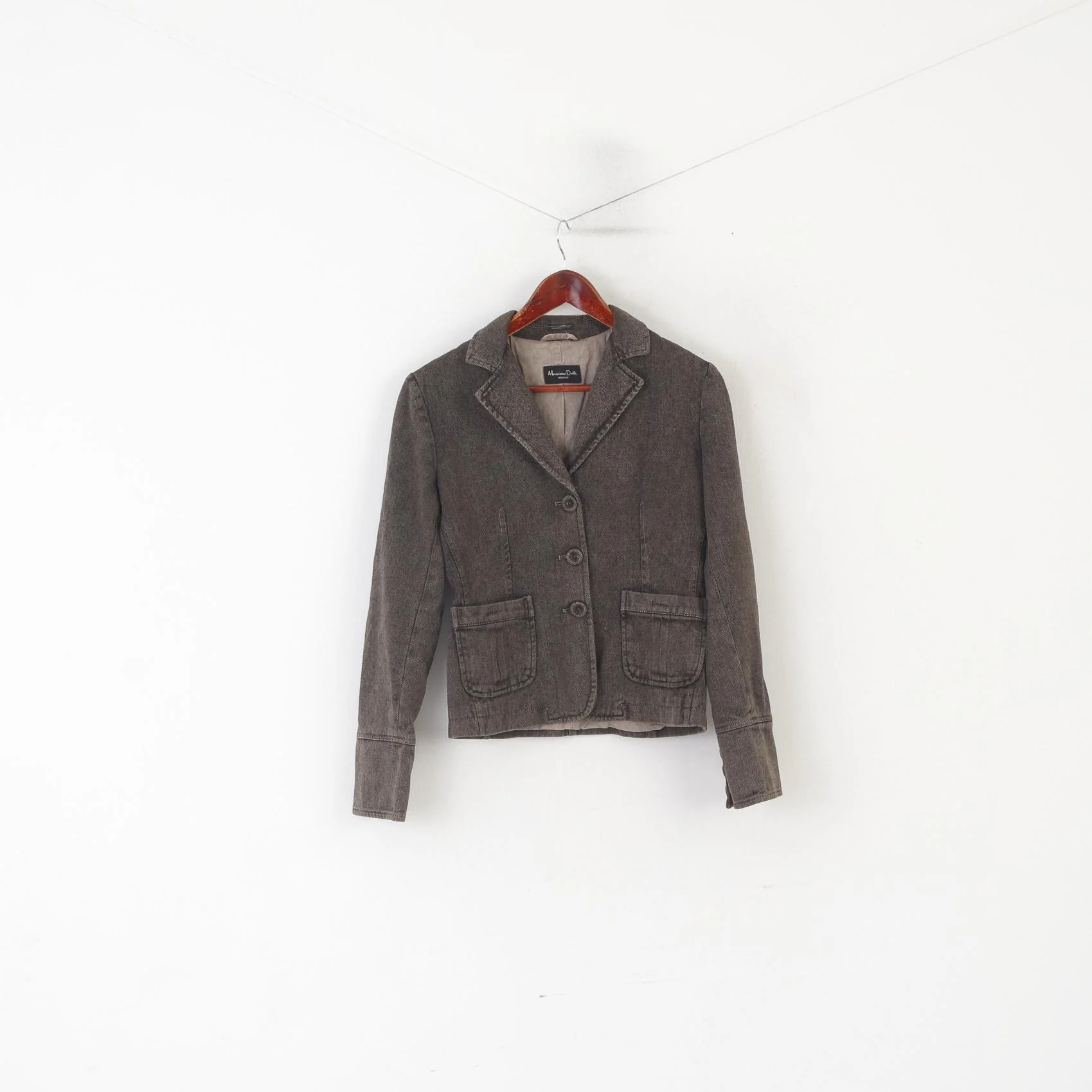 Massimo Dutti Women 40 S Blazer Brown Herringbone Vintage Cotton Cropped Jacket - Image 2