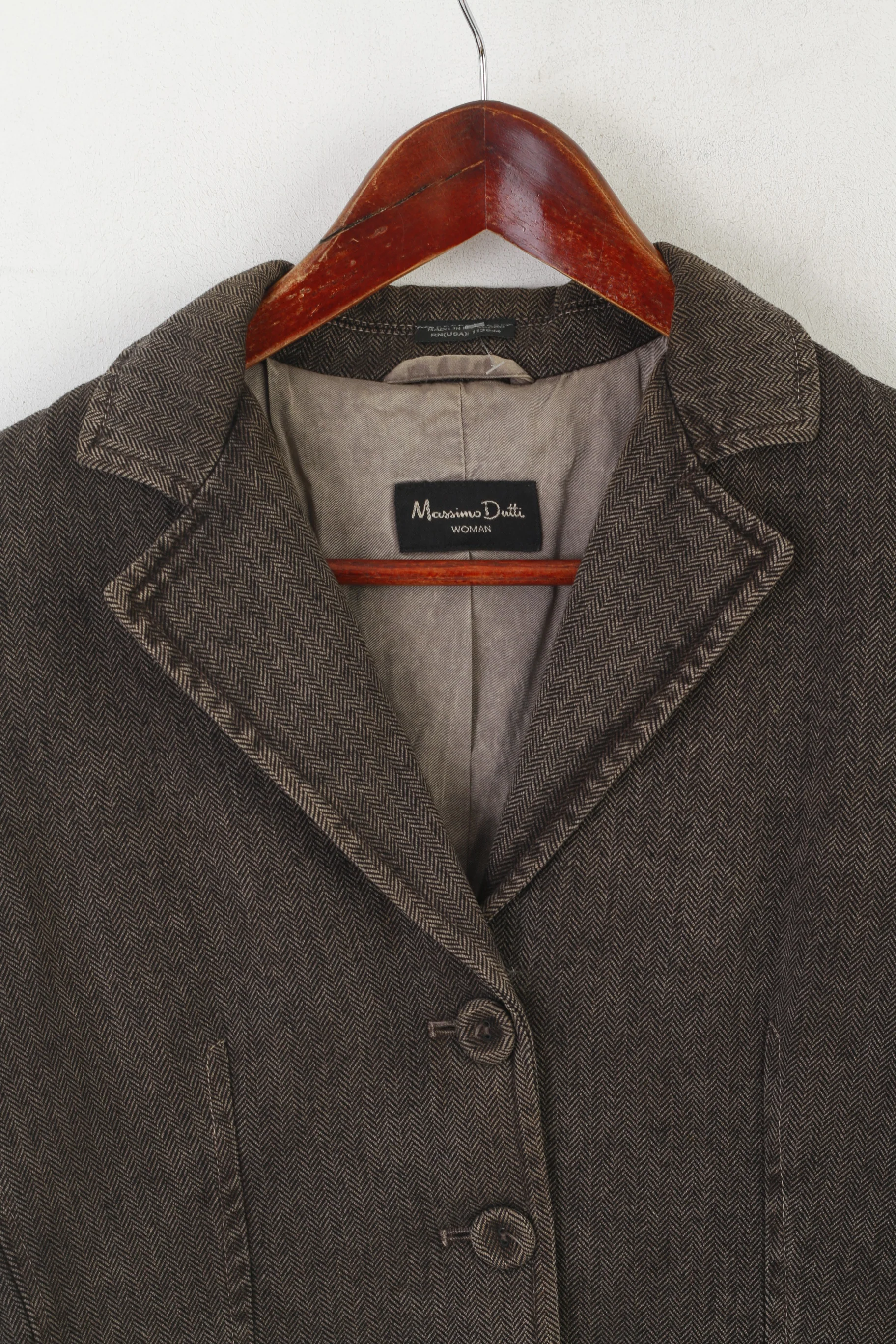 Massimo Dutti Women 40 S Blazer Brown Herringbone Vintage Cotton Cropped Jacket - Image 3