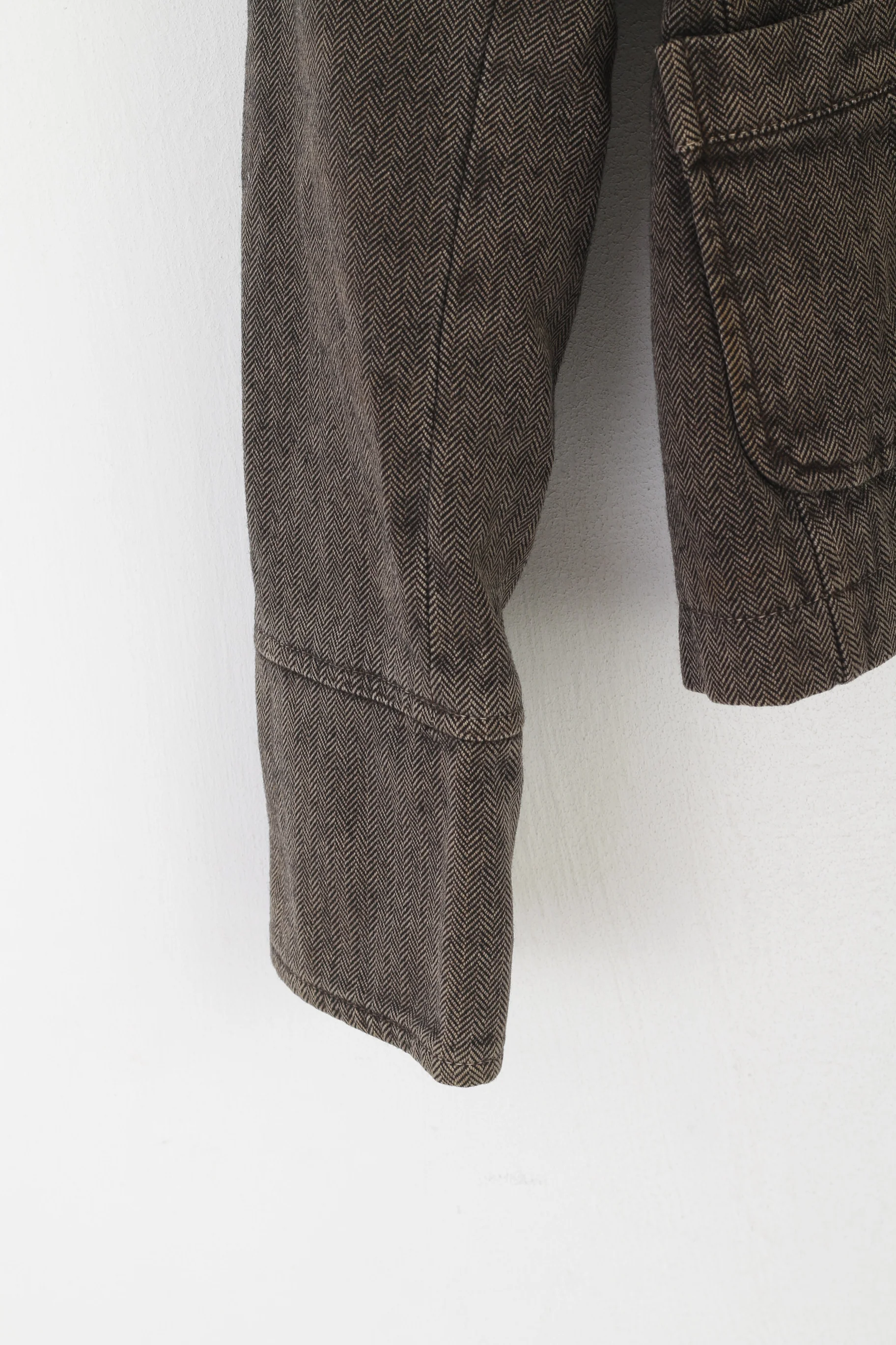 Massimo Dutti Women 40 S Blazer Brown Herringbone Vintage Cotton Cropped Jacket - Image 4