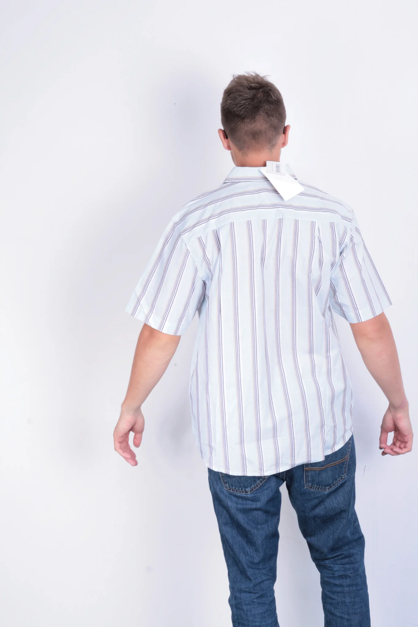 New Mens Classic Mens 52 XL Casual Shirt Short Sleeve Striped Blue Cotton - Image 5