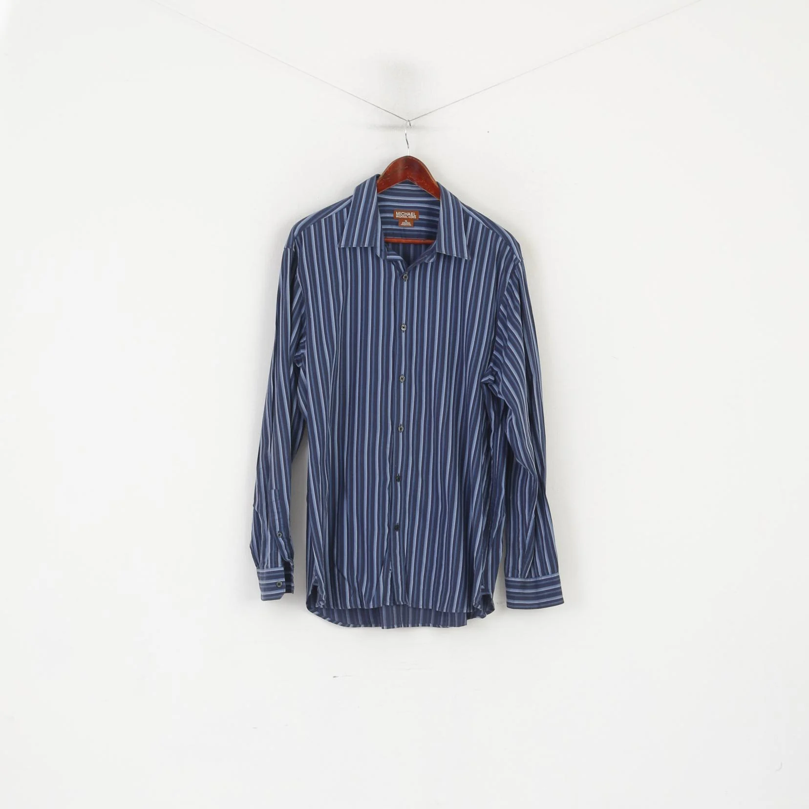 Michael Kors Men XL Casual Shirt Navy Striped Cotton Long Sleeve Top - Image 2