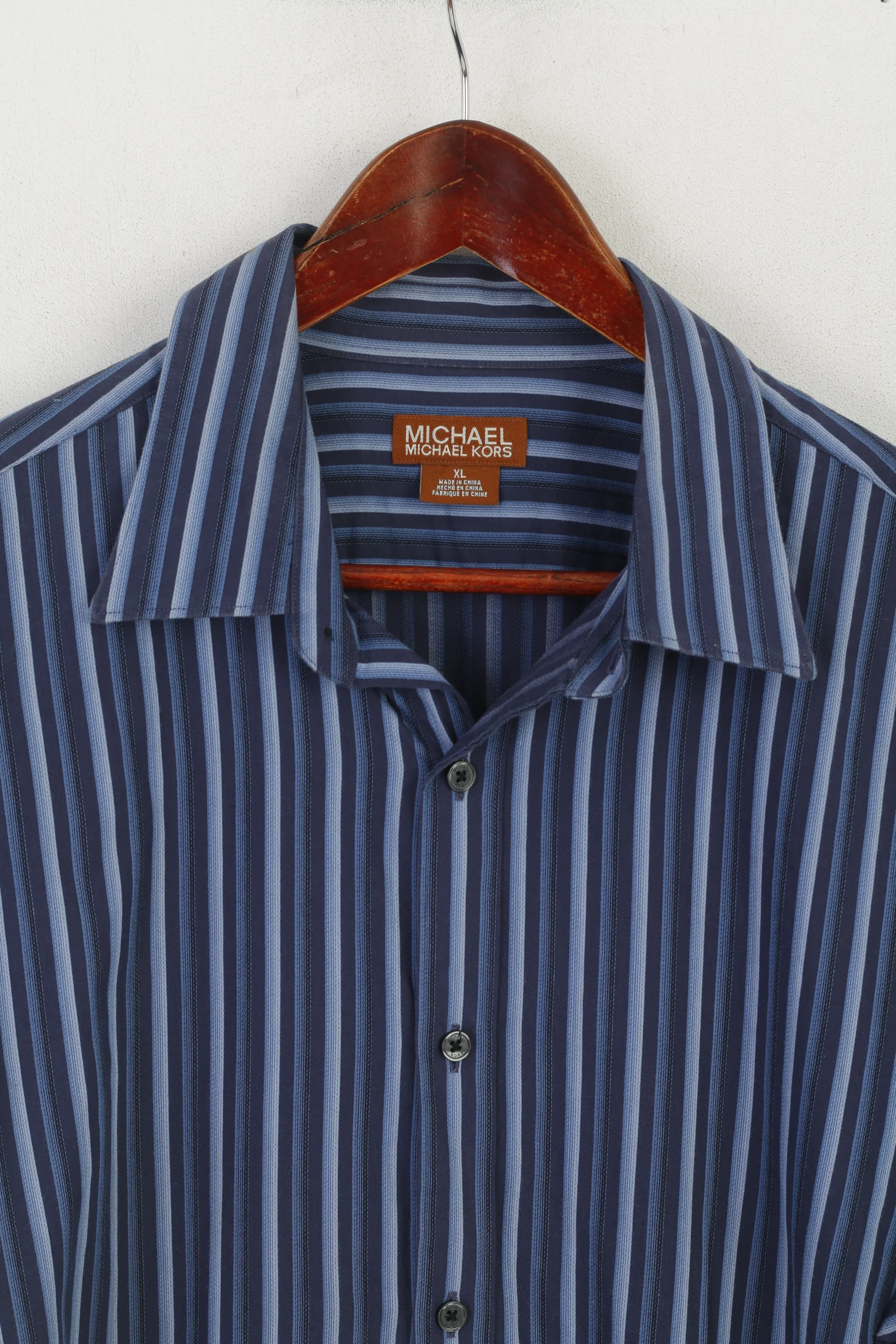 Michael Kors Men XL Casual Shirt Navy Striped Cotton Long Sleeve Top - Image 3