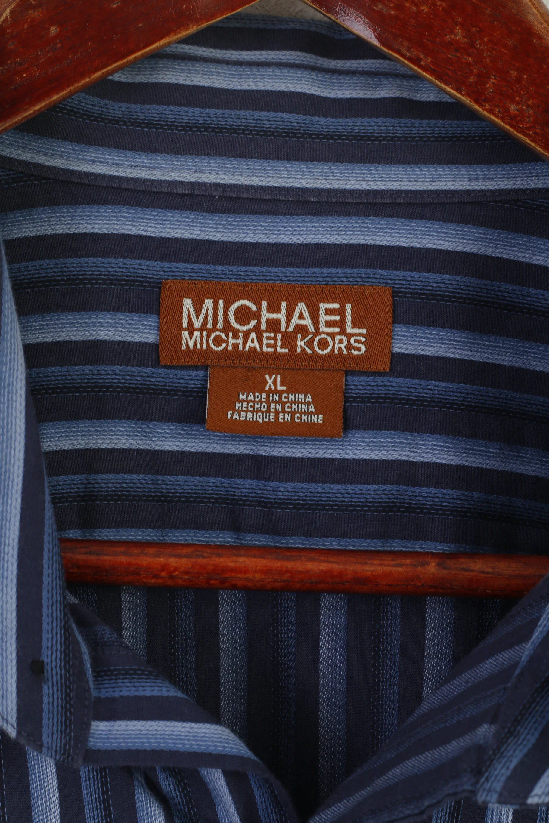 Michael Kors Men XL Casual Shirt Navy Striped Cotton Long Sleeve Top - Image 5