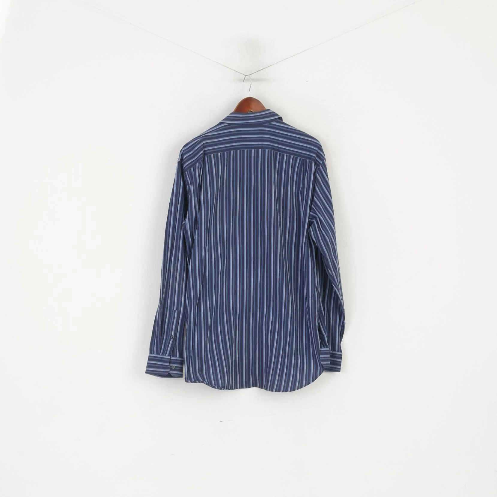 Michael Kors Men XL Casual Shirt Navy Striped Cotton Long Sleeve Top - Image 7