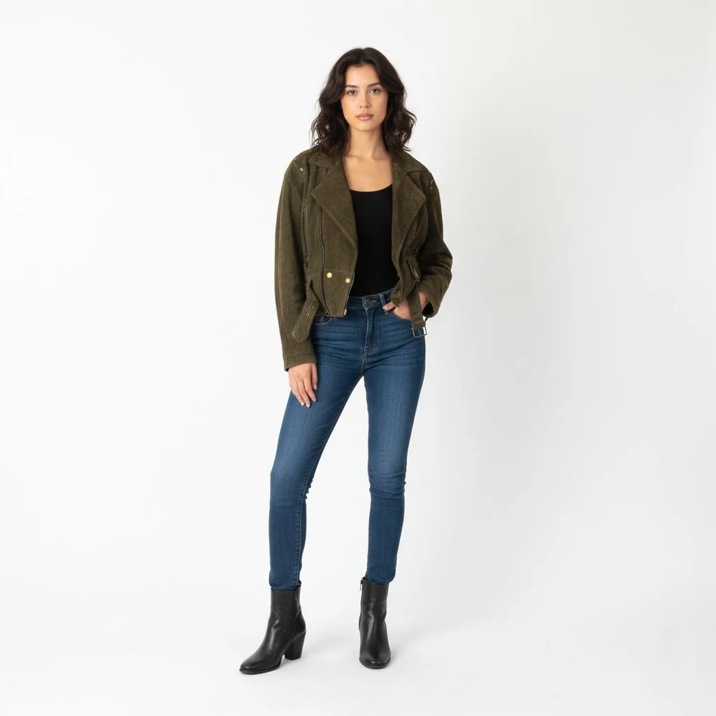 Miss Joy Women 40 Jacket Vintage Green Leather Biker Ramones Shoulder Pads Top