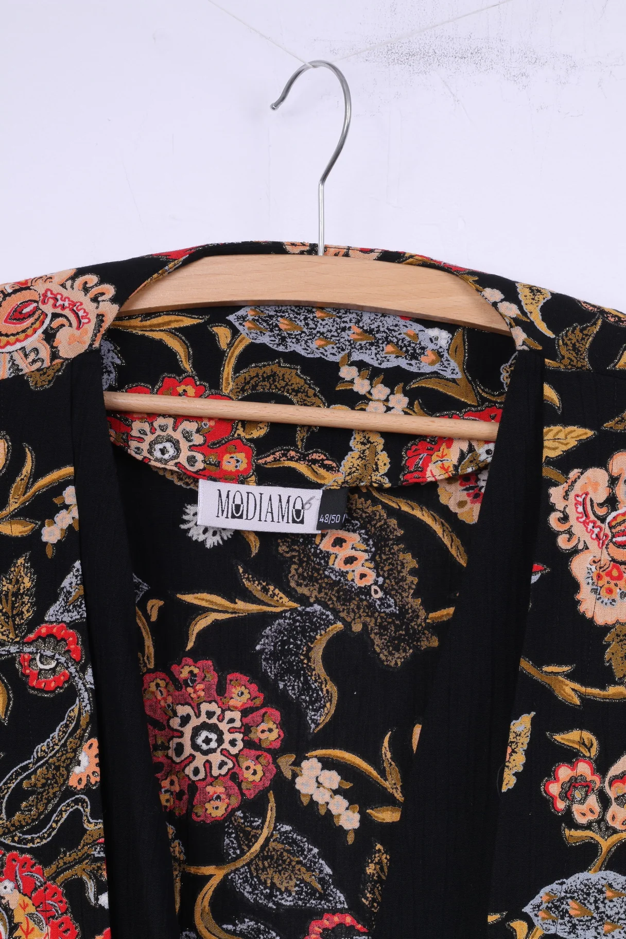 Modiamo Women 48/50 XXL Blazer Black Viscose Shoulder Pads Floral Top - Image 2