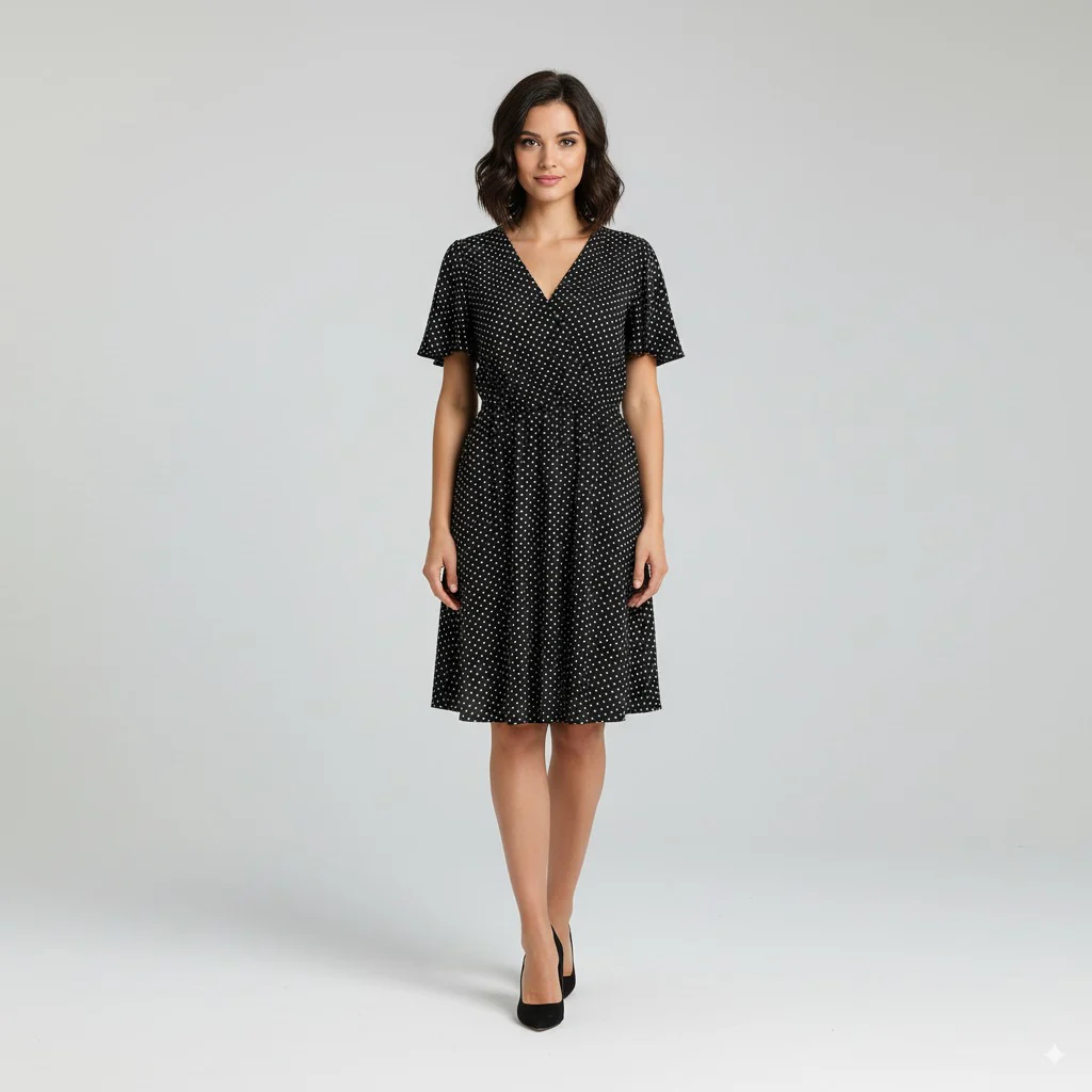 Monteau Los Angeles Women L (M) Midi Dress Black White Dots Vintage Style