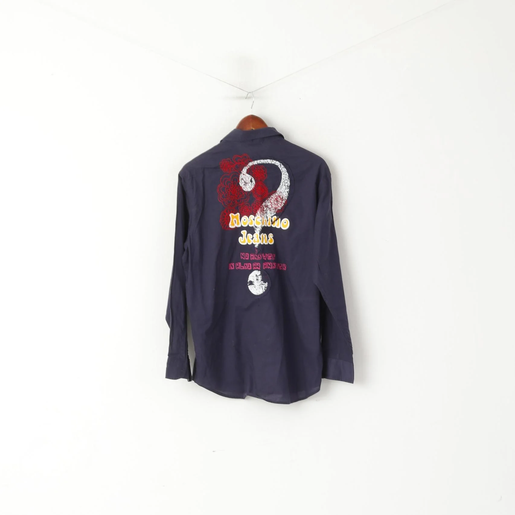 Moschino Jeans Men M Casual Shirt Navy Cotton Emroidered Back Long Sleeve Top - Image 9