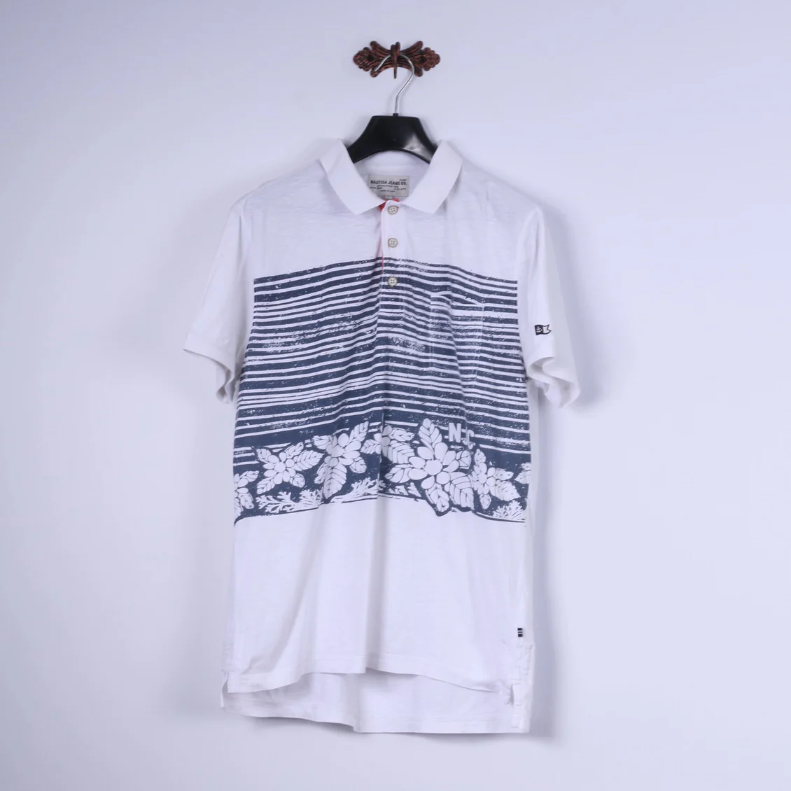 Nautica Jeans Co. Men L Polo Shirt White Cotton Blue Summer Print Detailed Buttons - Image 2