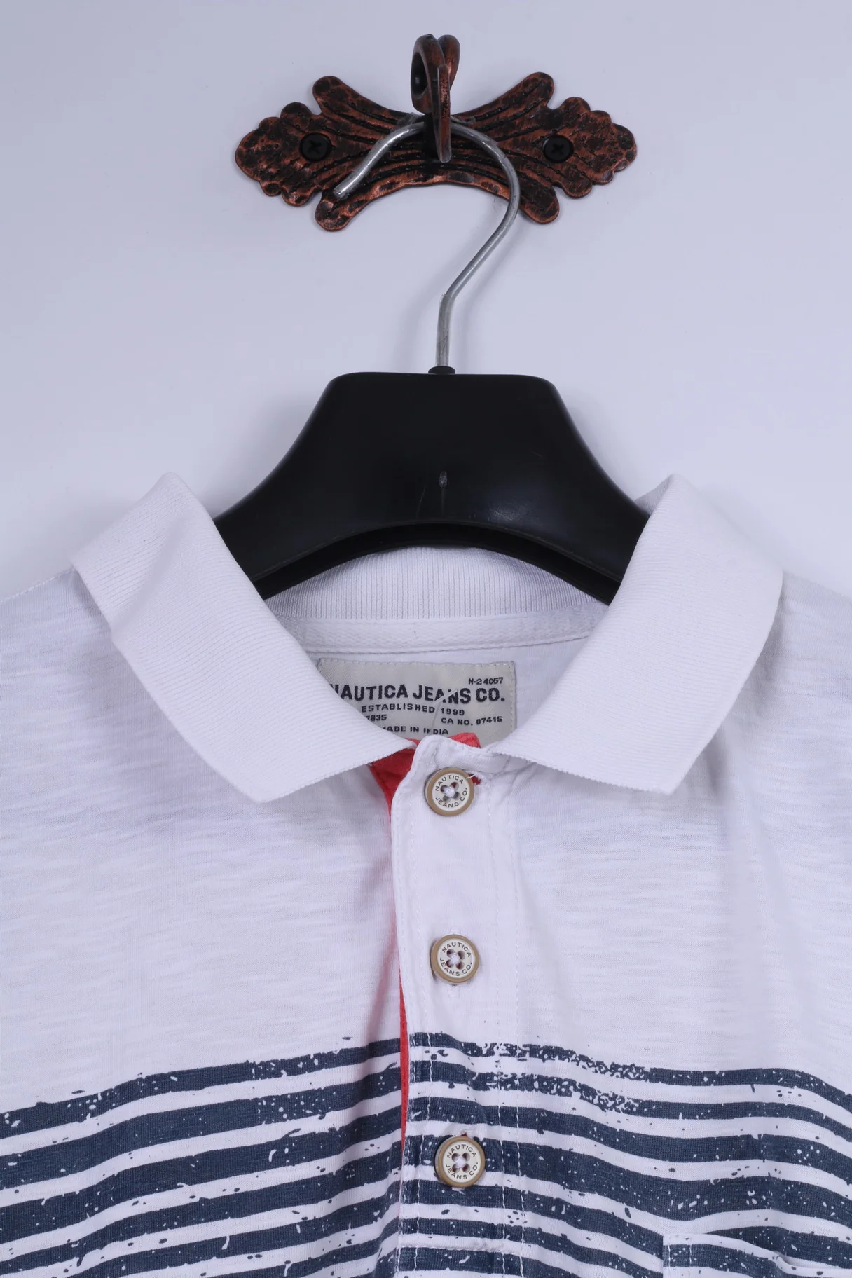 Nautica Jeans Co. Men L Polo Shirt White Cotton Blue Summer Print Detailed Buttons - Image 3