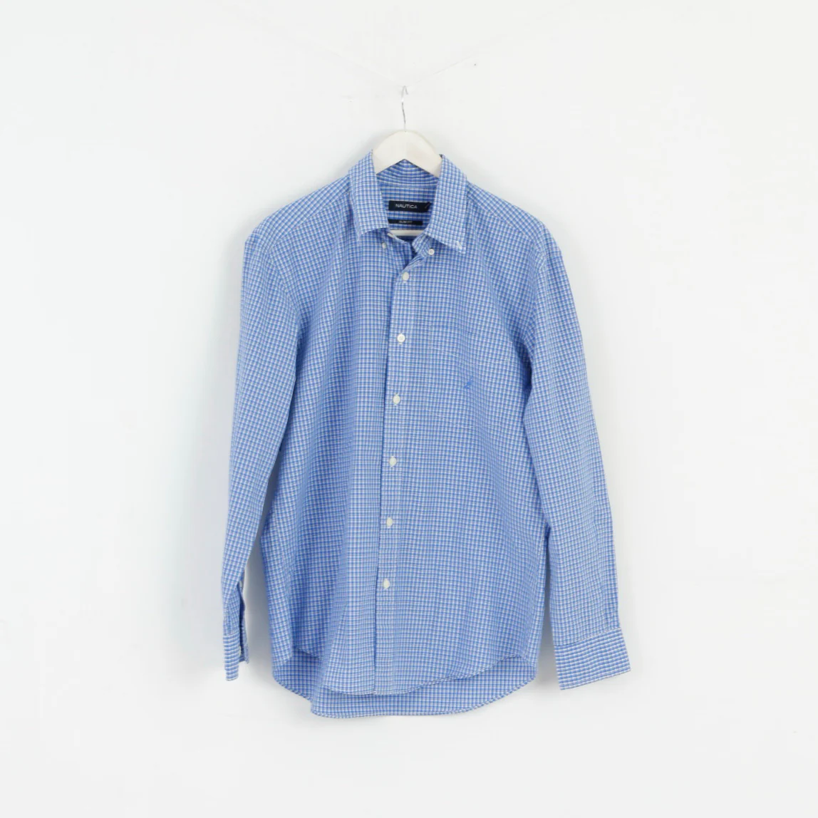 Nautica Men L Casual Shirt Blue Check Cotton Slim Fit Long Sleeve Top - Image 2