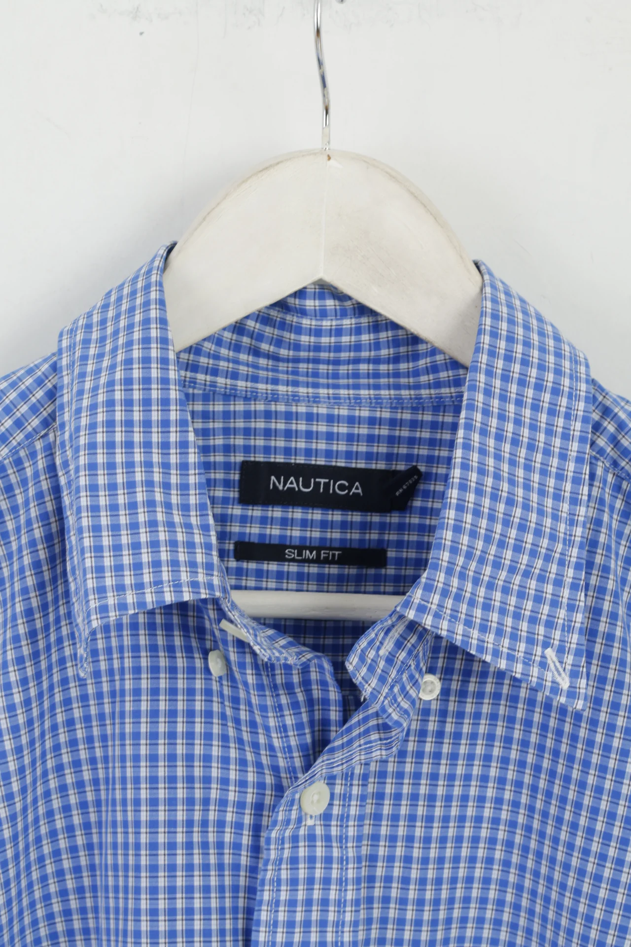 Nautica Men L Casual Shirt Blue Check Cotton Slim Fit Long Sleeve Top - Image 3