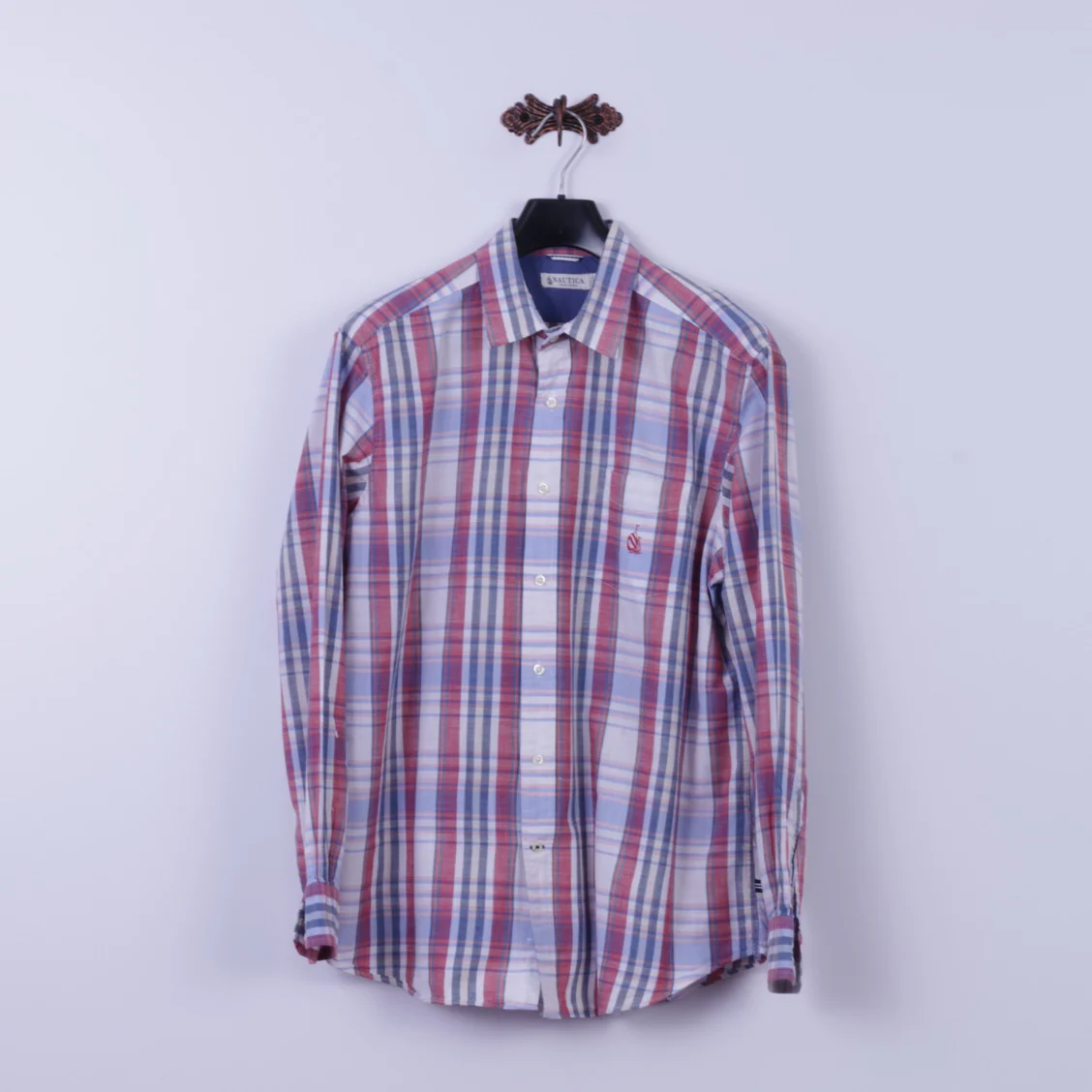 Nautica Men L Casual Shirt Blue Check Heritage Fit 100% Cotton Long Sleeve Top - Image 2