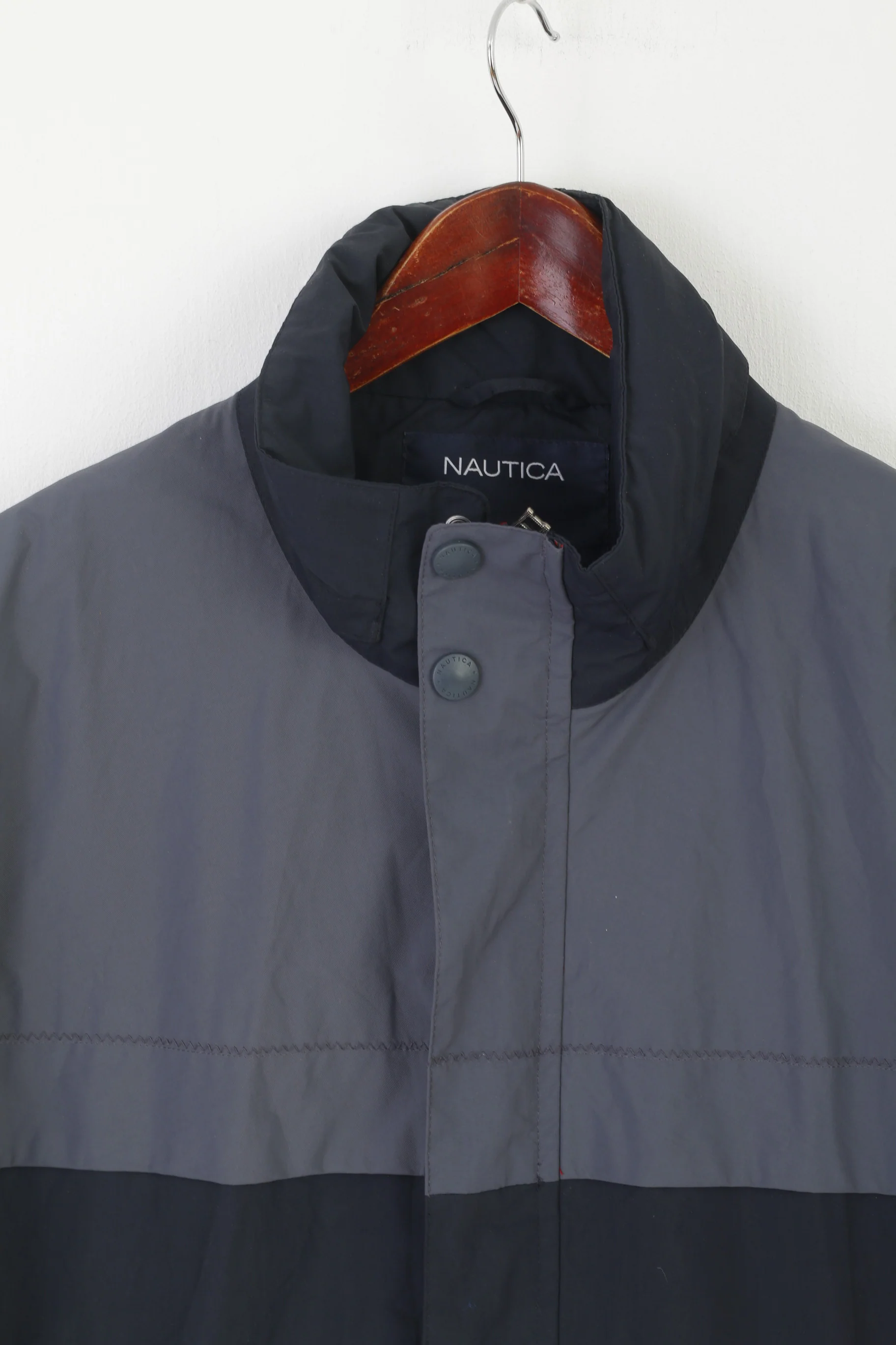 Nautica Men L Jacket Gray Sportswear Nylon Waterproof Windbreaker Hidden Hood Top - Image 3