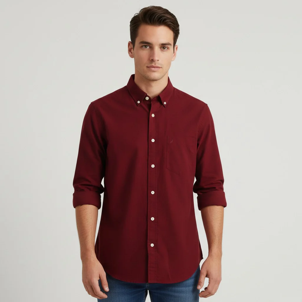 Nautica Men M Casual Shirt Maroon Cotton Classic Fit  Flex Long Sleeve Top