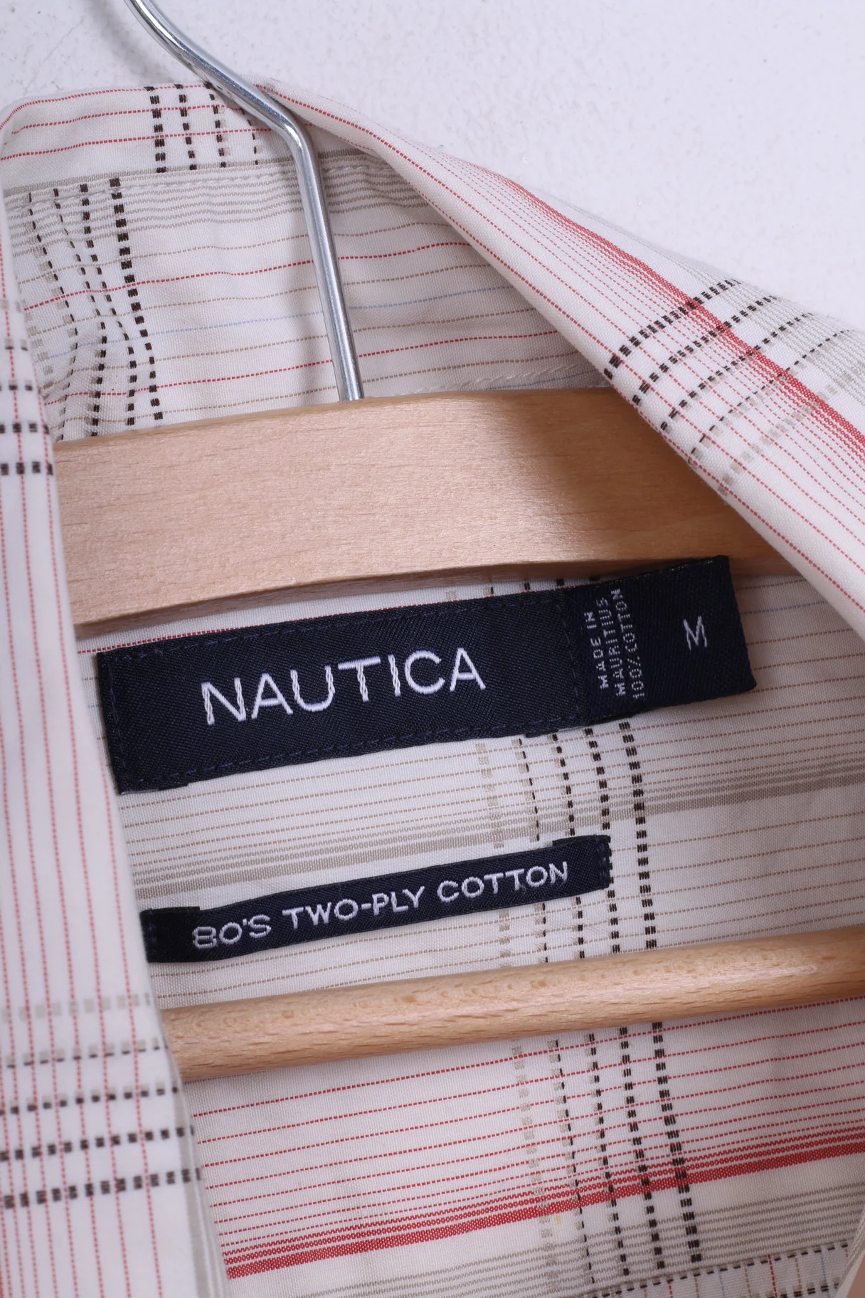Nautica Mens M Casual Shirt Check Ecru Cotton Short Sleeve - Image 4