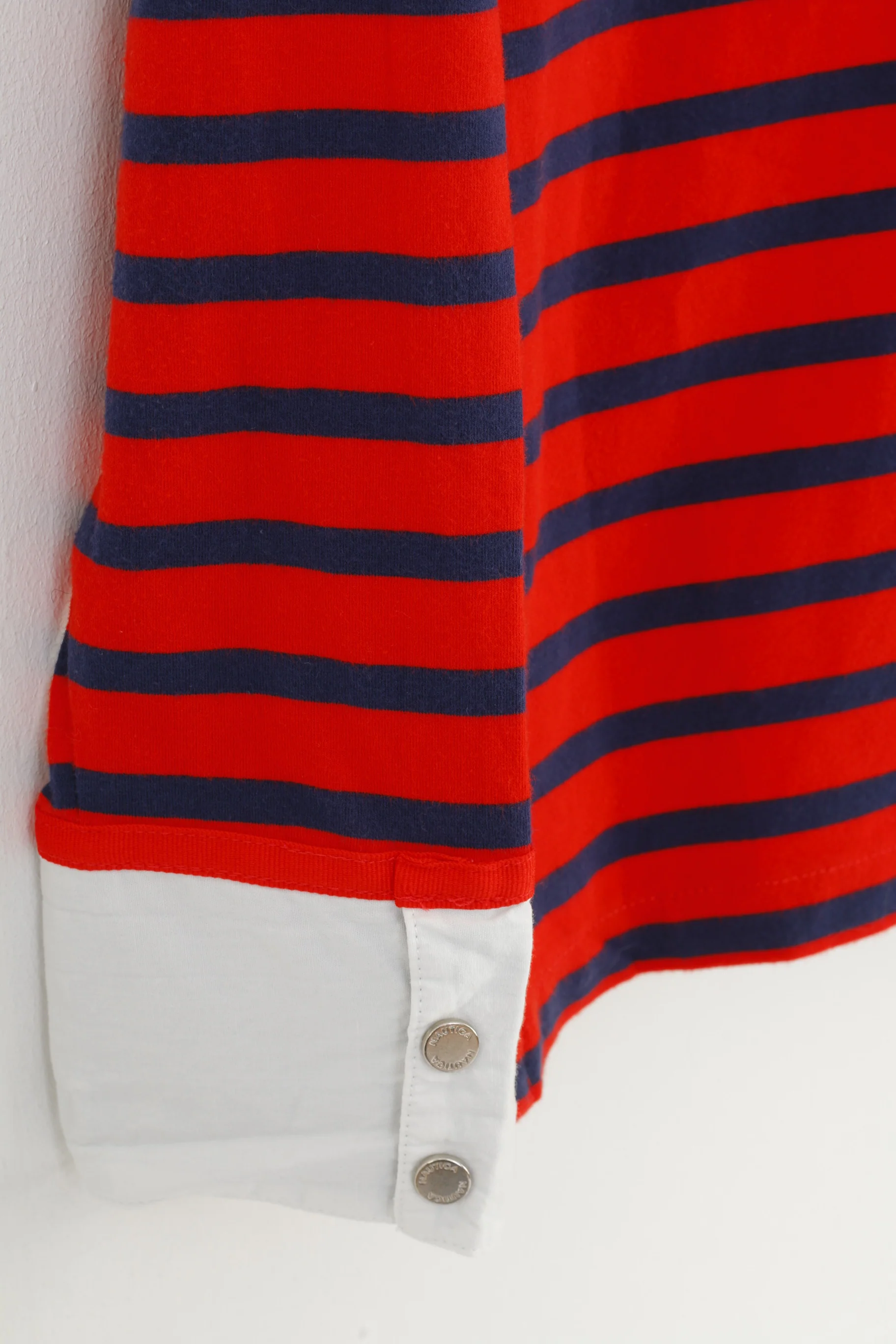 Nautica Women M Polo Shirt Red Striped Marine Cotton Long Sleeve Stretch Collar Vintage Top - Image 3