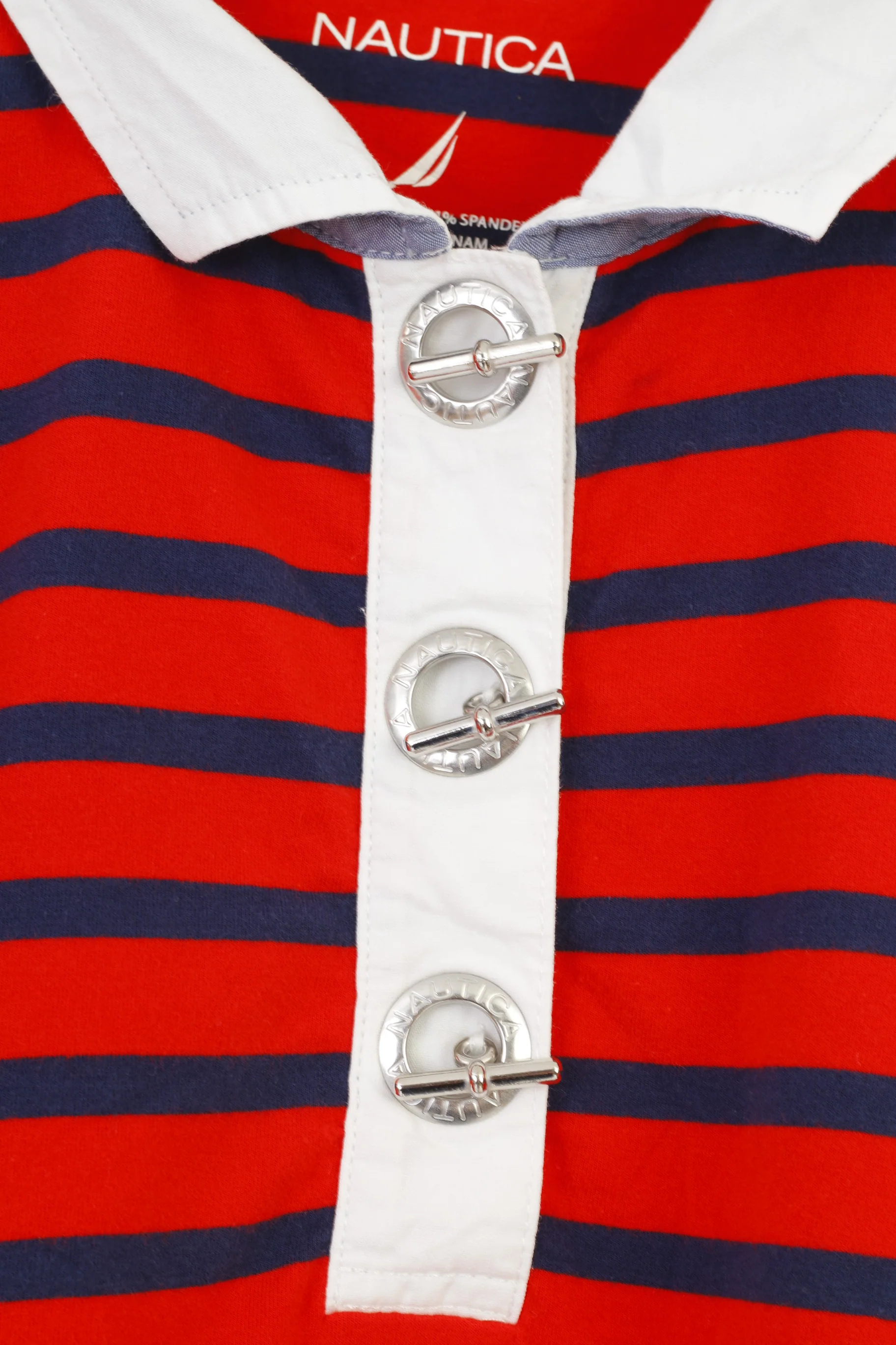 Nautica Women M Polo Shirt Red Striped Marine Cotton Long Sleeve Stretch Collar Vintage Top - Image 5
