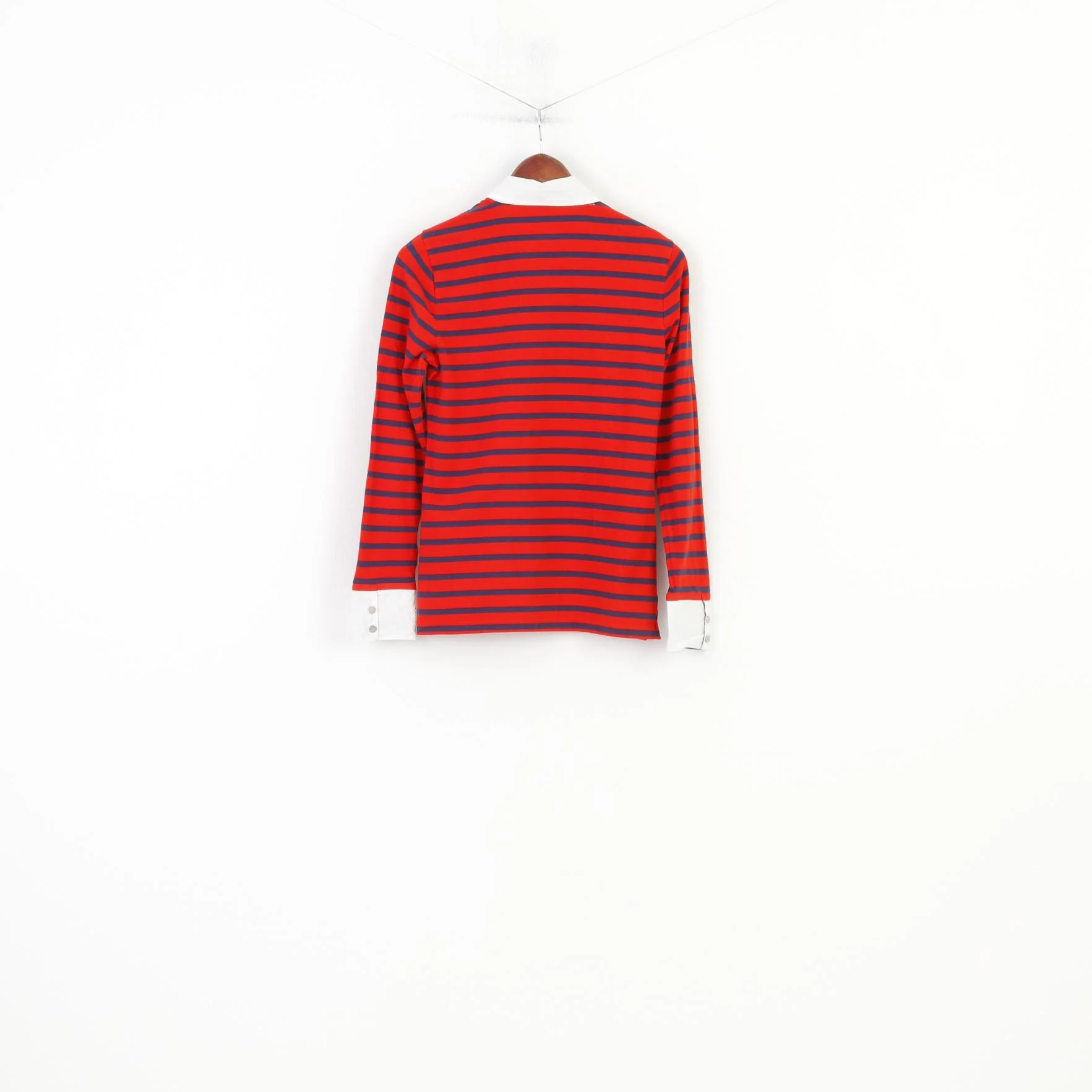 Nautica Women M Polo Shirt Red Striped Marine Cotton Long Sleeve Stretch Collar Vintage Top - Image 7