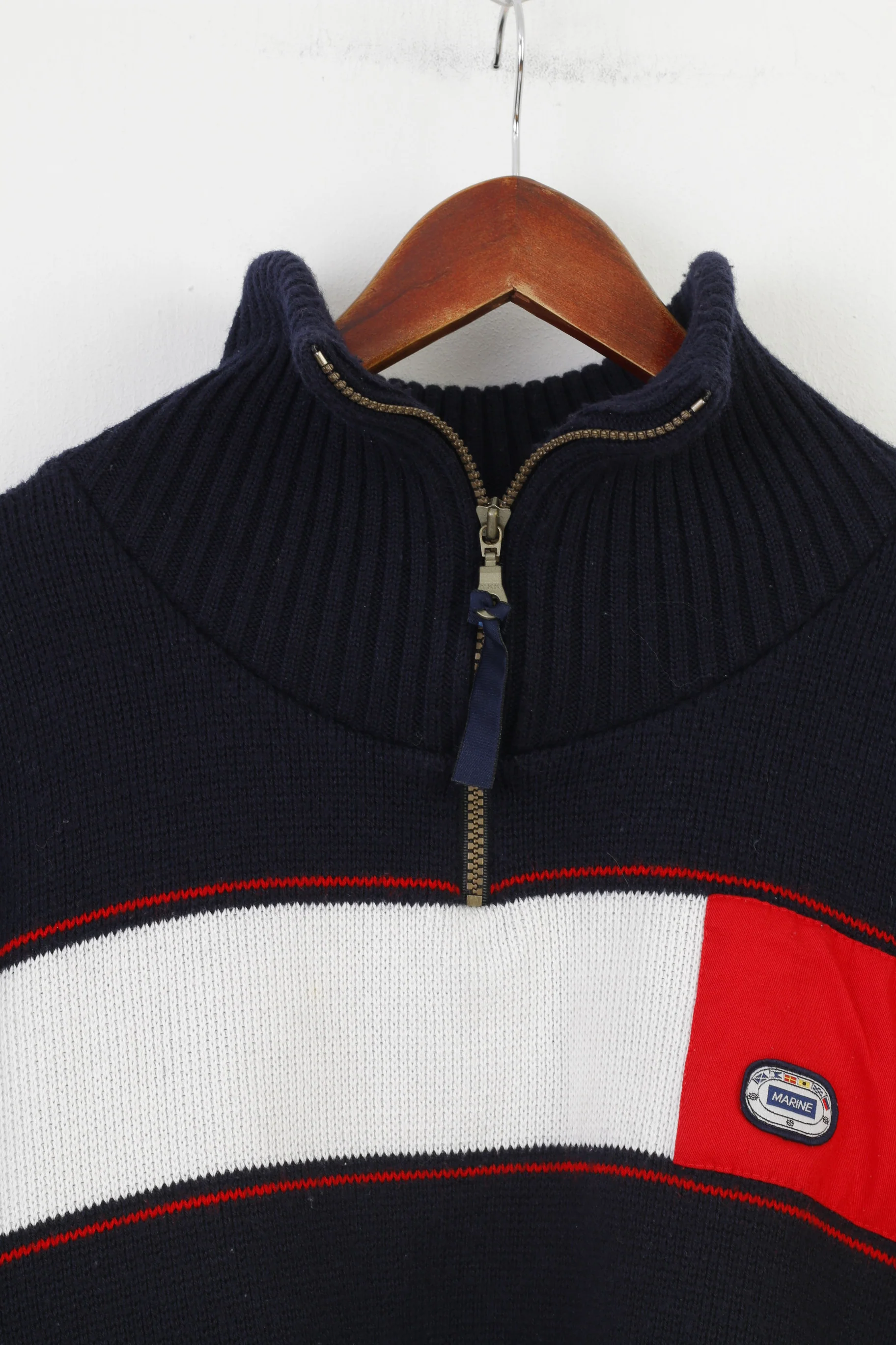 Navy Men M Jumper Navy Blue Zip Neck Collar Striped Long Sleeve Marine Top - Image 2