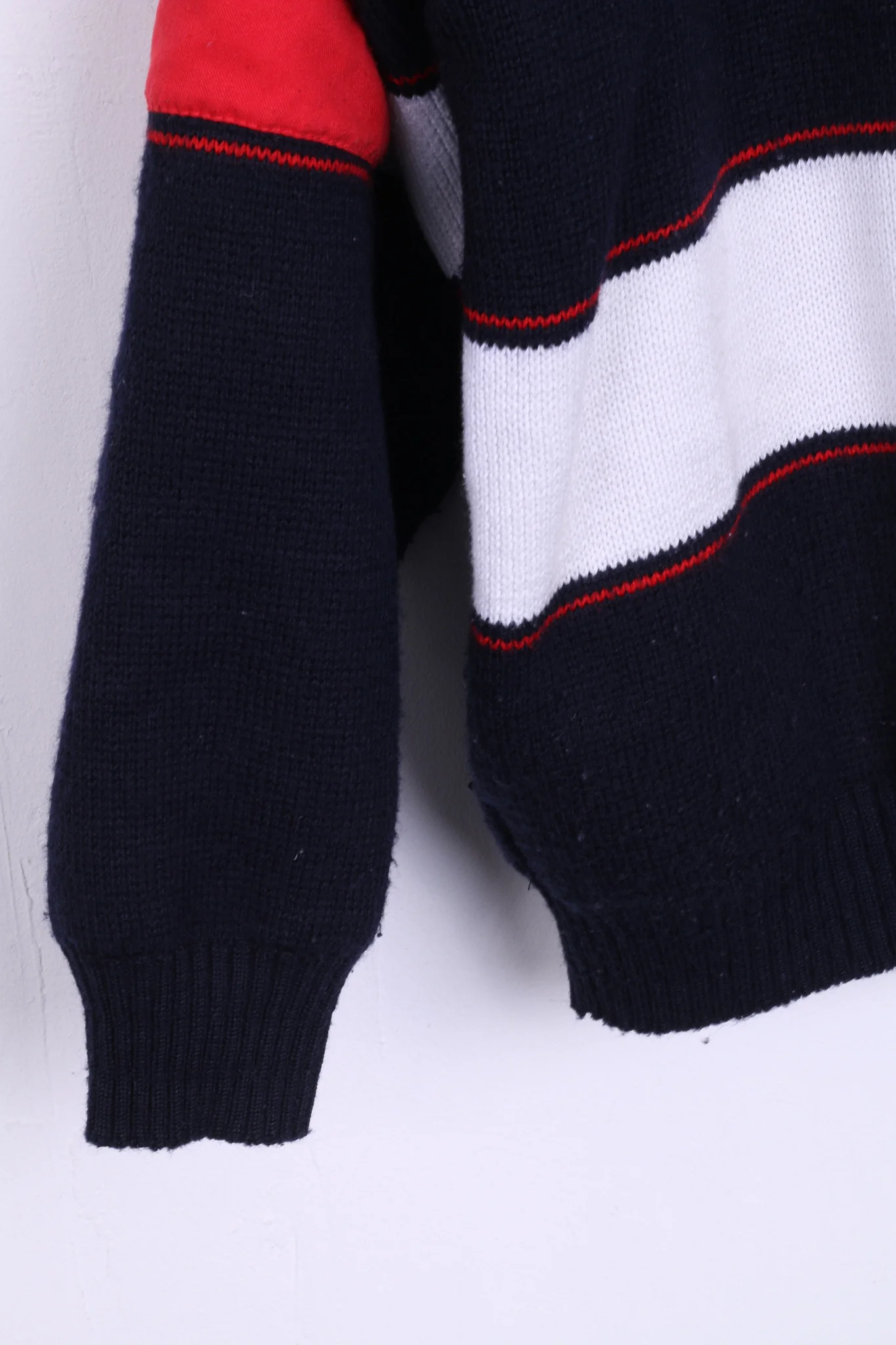 Navy Mens M Jumper Sweater Zip Neck Marine Jacket Striped Wool - Image 2
