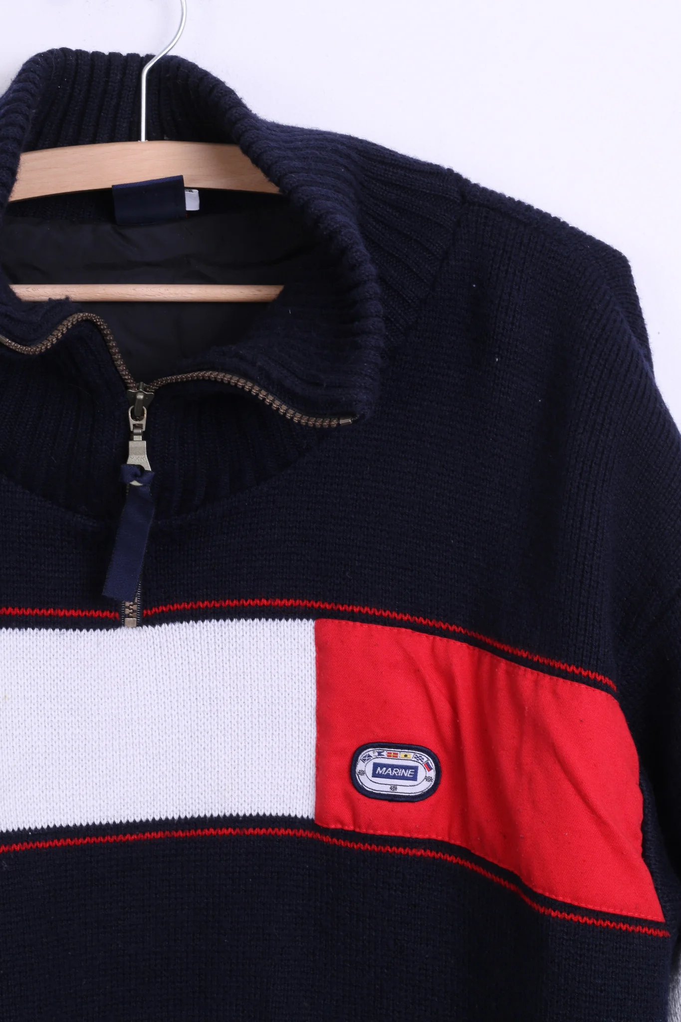Navy Mens M Jumper Sweater Zip Neck Marine Jacket Striped Wool - Image 3