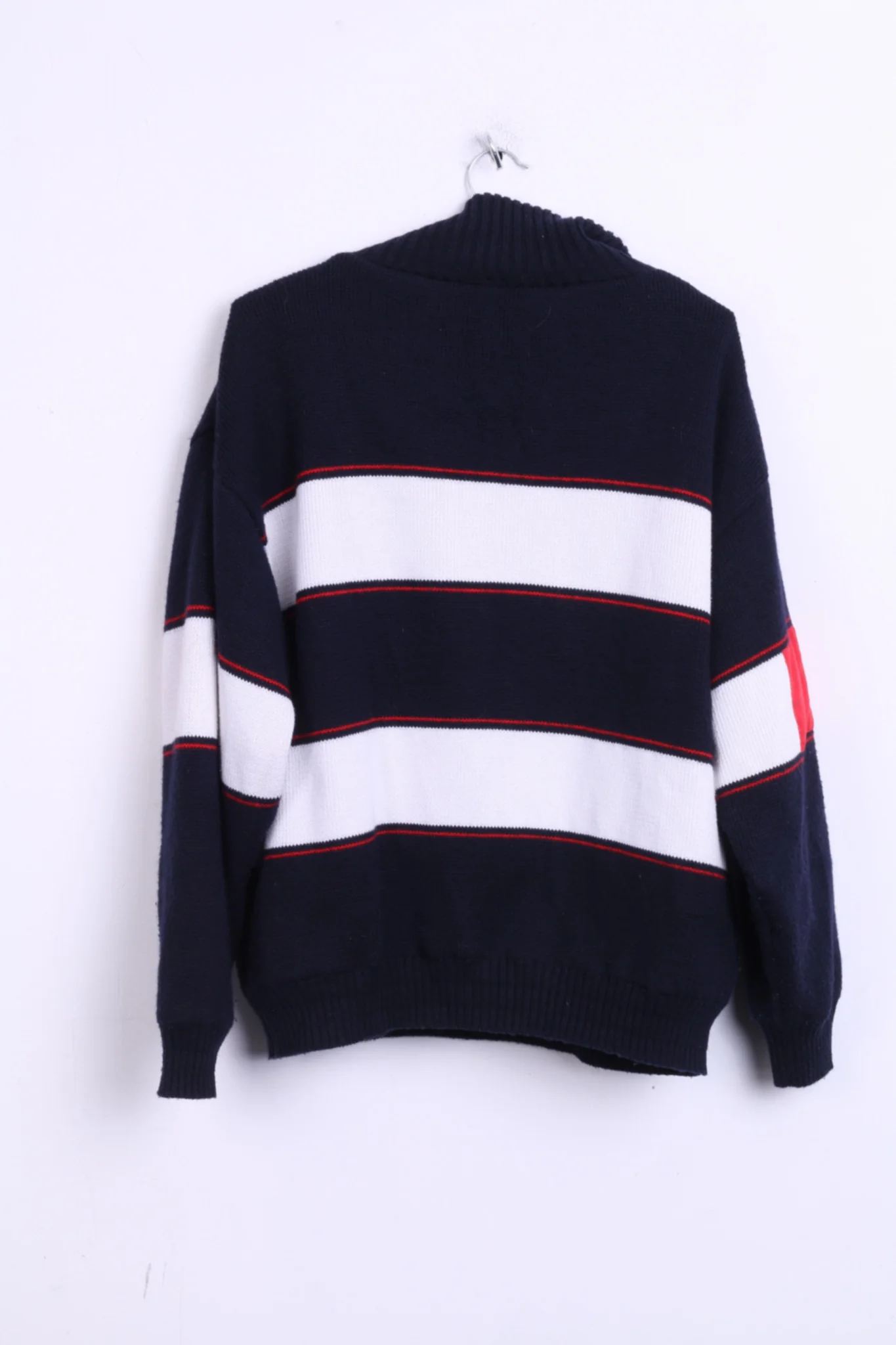 Navy Mens M Jumper Sweater Zip Neck Marine Jacket Striped Wool - Image 6