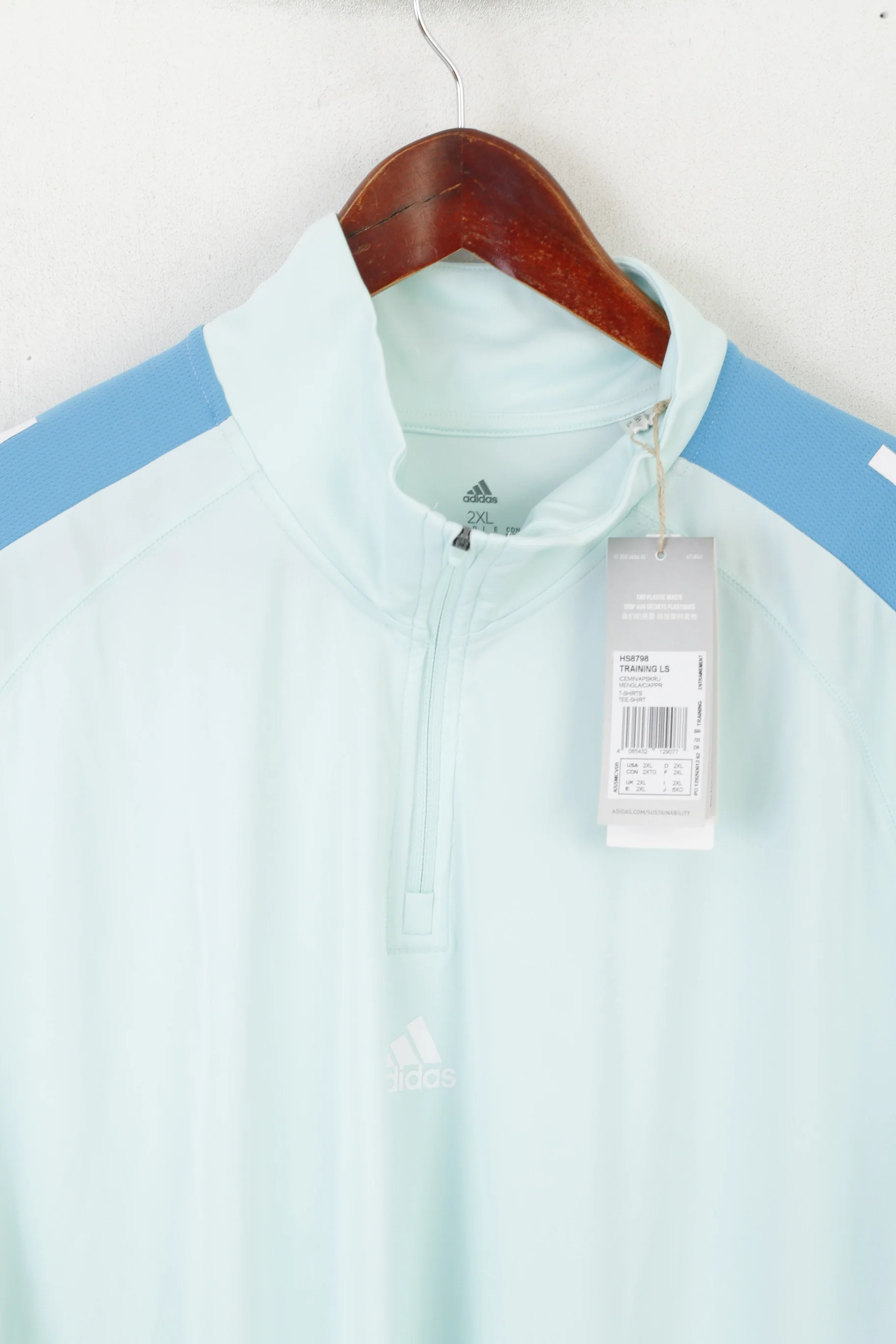 New Adidas Men 2XL Shirt Blue Slim Fit Training Zip Neck Activewear Long Sleeve Top - Image 2