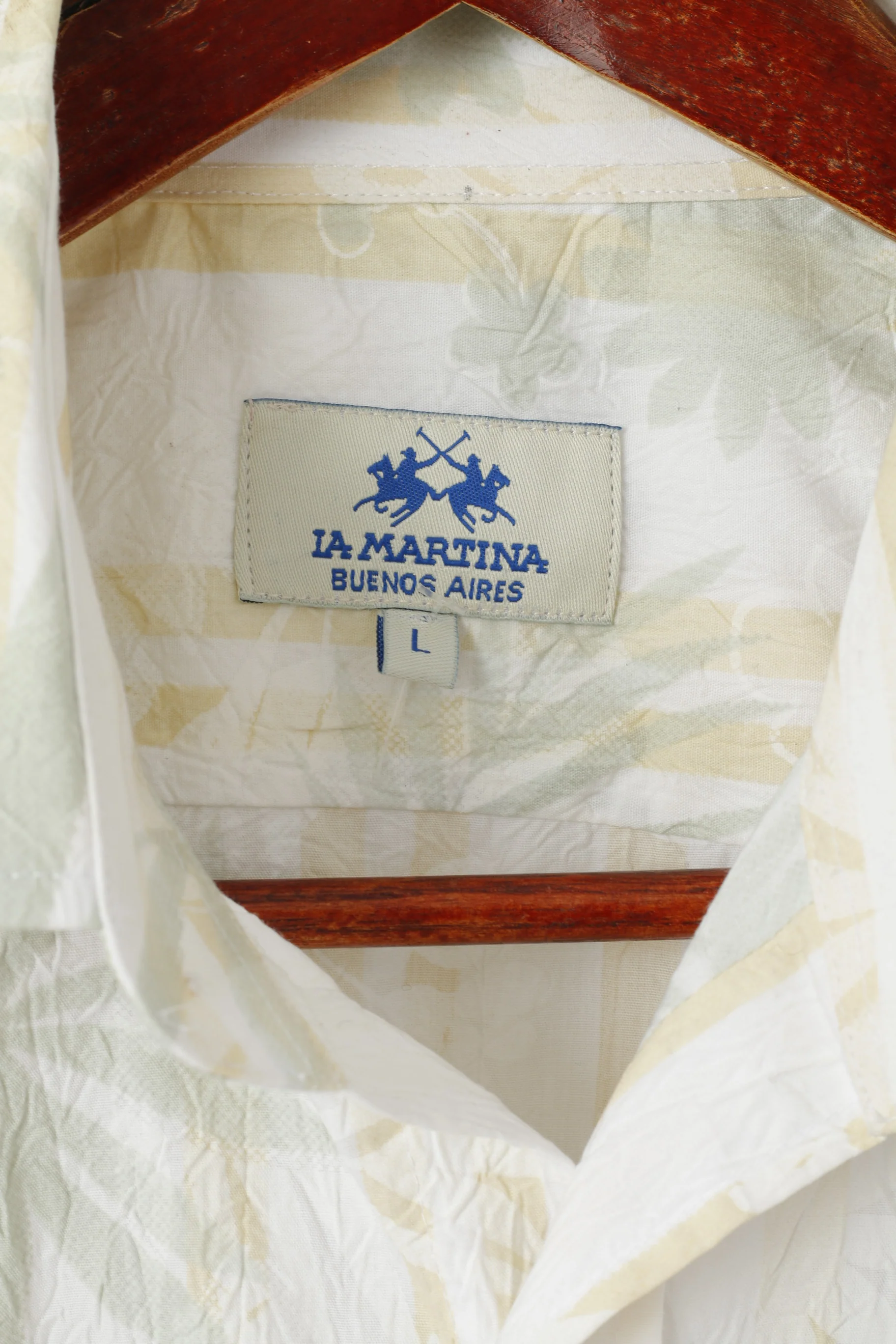 New La Martina Men L Casual Shirt Cream Cotton Buenos Aires Argentino Polo Gear Top - Image 4