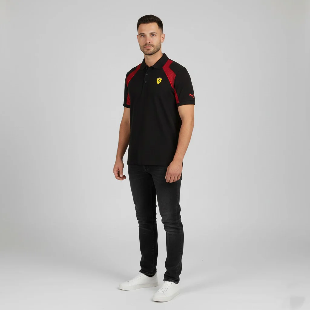 New Puma Men L Polo Shirt Black Cotton Ferrari Licensed Scuderia Sport Top