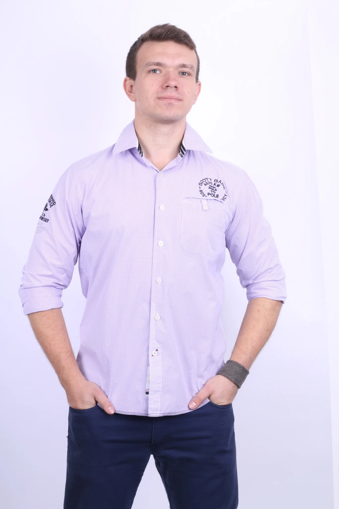 New Zealand Auckland Mens L Casual Shirt Check Purple Cotton - Image 3