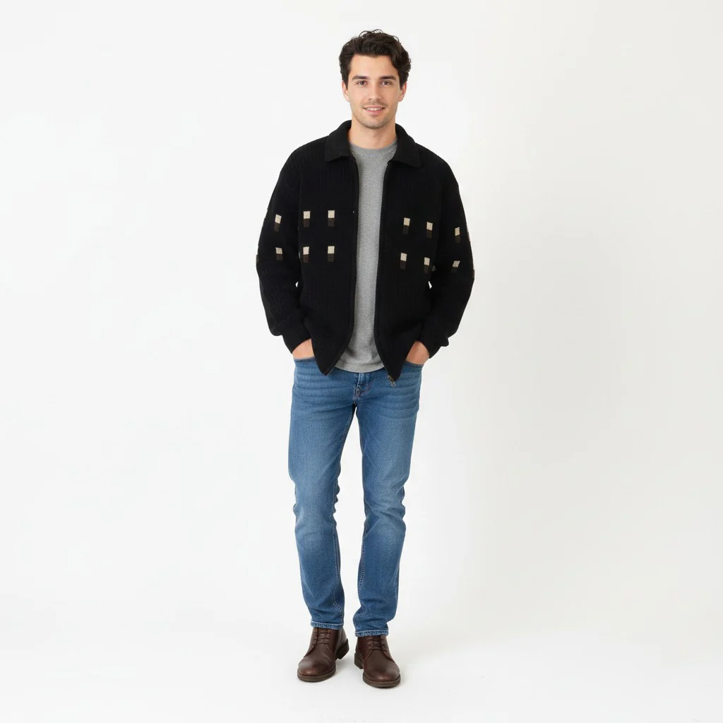Nihat Trico CNR Men L Cardigan Black Chenille Wool Full Zipper Vintage Sweater