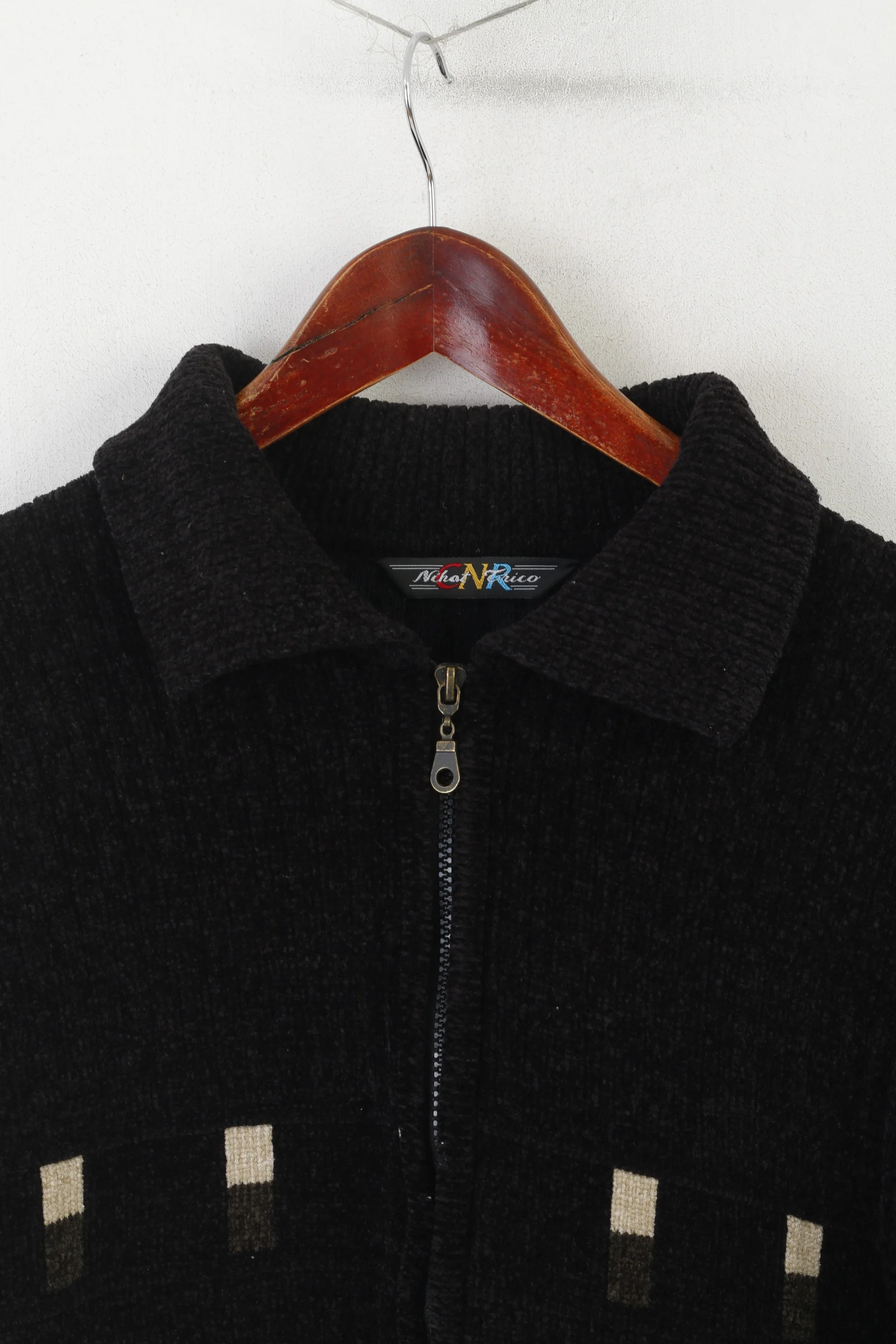 Nihat Trico CNR Men L Cardigan Black Chenille Wool Full Zipper Vintage Sweater - Image 3