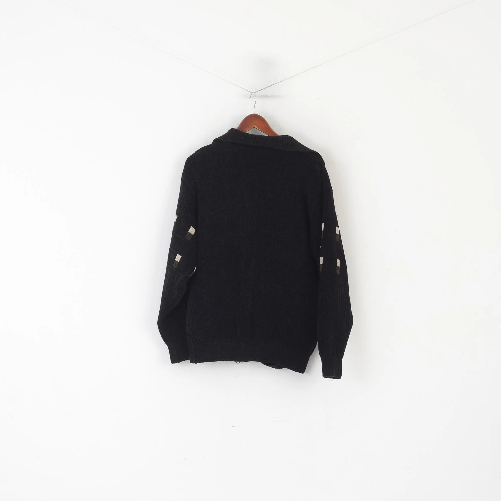 Nihat Trico CNR Men L Cardigan Black Chenille Wool Full Zipper Vintage Sweater - Image 7