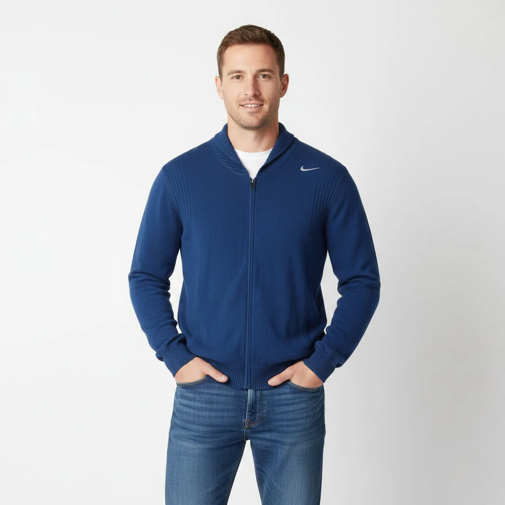 Nike Men L Sweater Navy Long Stretch Cotton Wool Blend Zip Up Cardigan