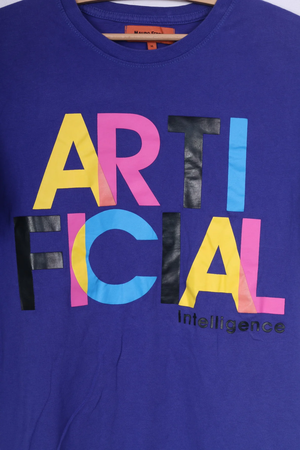 Mauro Ferrini Mens M T-Shirt Purple Crew Neck Graphic Cotton Arti Ficial Intelligence Summer Top - Image 3