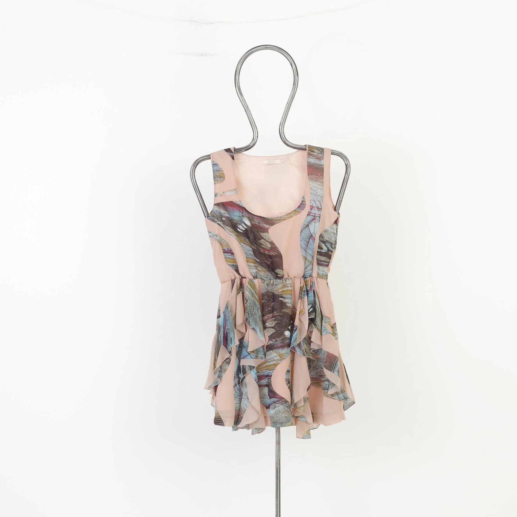 Nikkie Woman 38 Dress Pink Geometric Sleeveless Zipper Ruffles Polyester