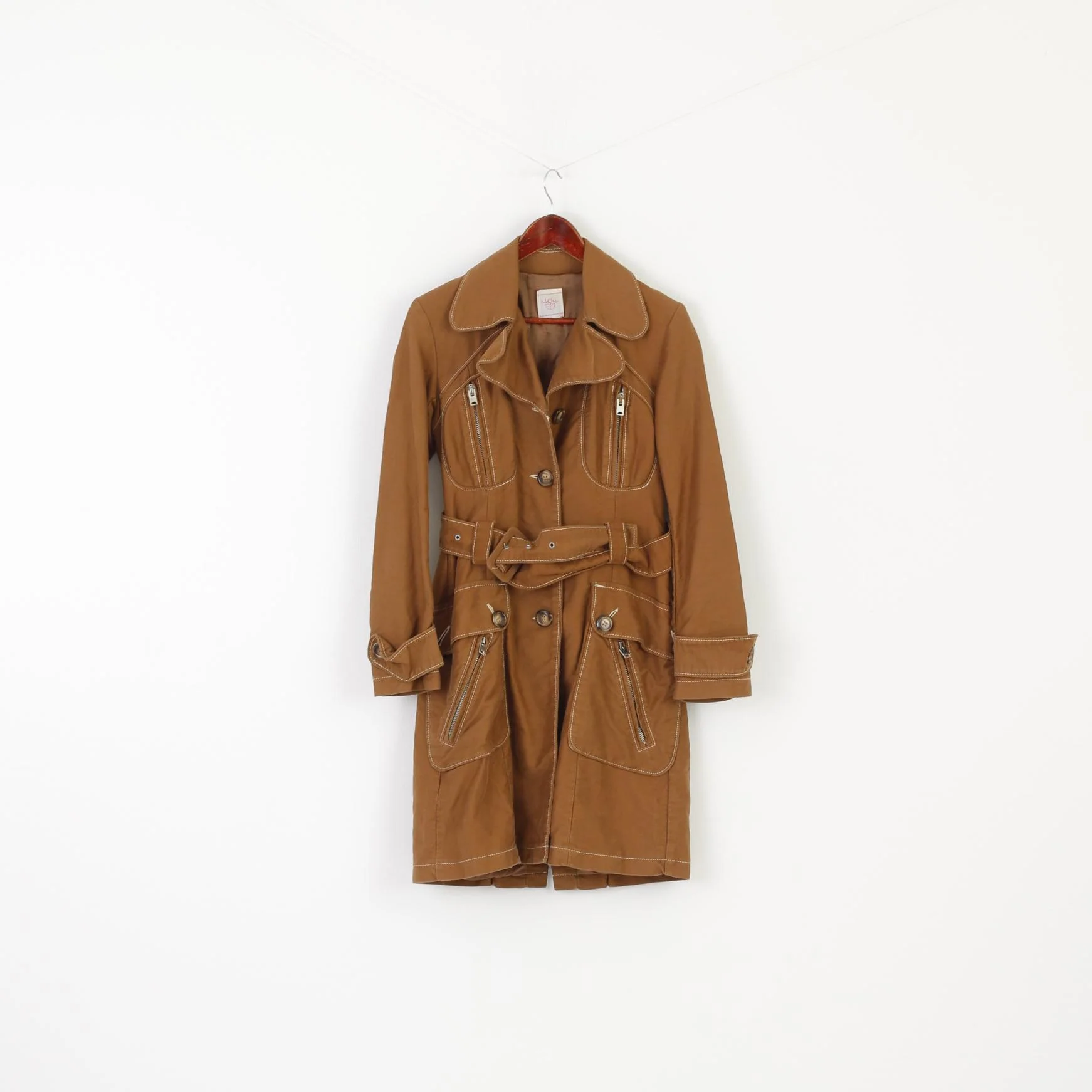 Nolita North Little Italy Women 42 S Coat Brown Cotton Trench Belted Multi Pocket Top - Image 2