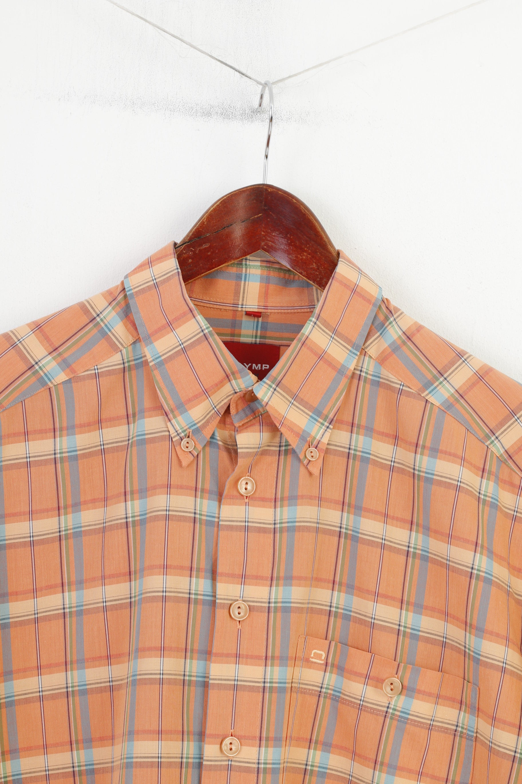 Olymp Men L Casual Shirt Short Sleeve Orange Buttons  Collar Checkered Novum Cotton - Image 2
