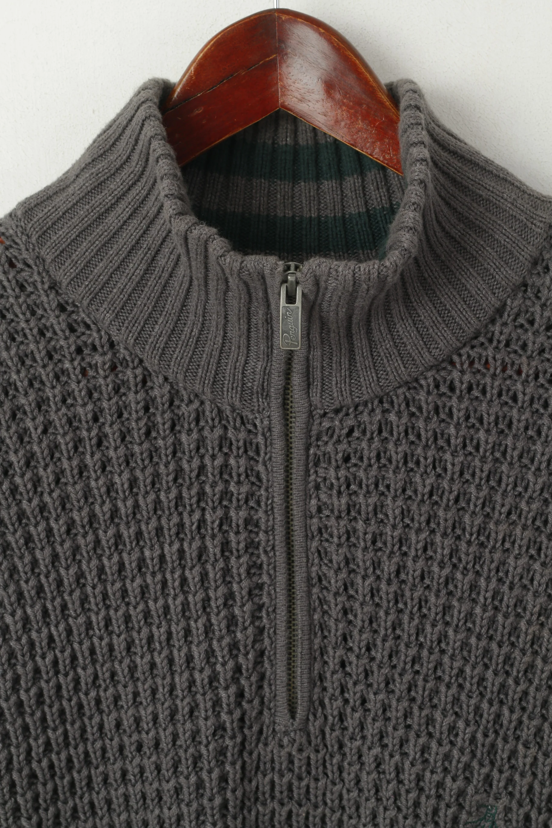 Original Penguin Men L Jumper Grey Cotton Blend Knit Zip Neck Pockets Sweater - Image 3
