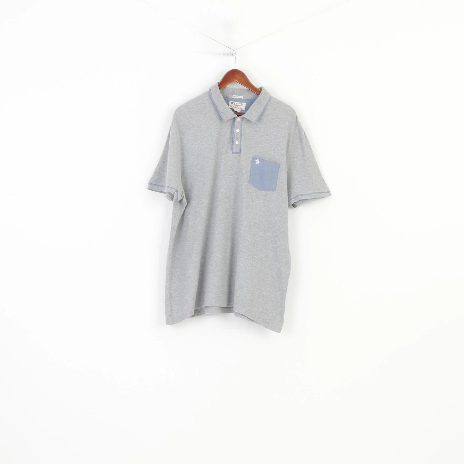 Original Penguin Men XXL Polo Shirt Grey Cotton Heritage Slim Fit Collar Bottoms Vintage Top