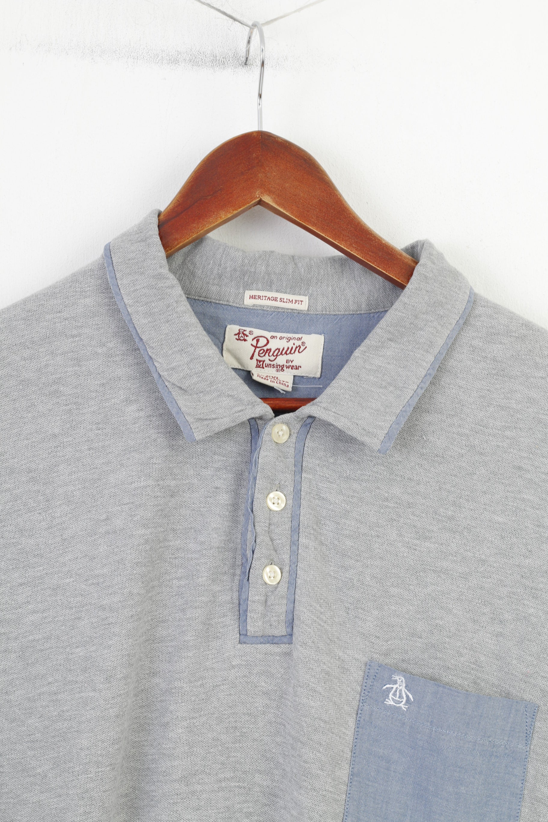 Original Penguin Men XXL Polo Shirt Grey Cotton Heritage Slim Fit Collar Bottoms Vintage Top - Image 2