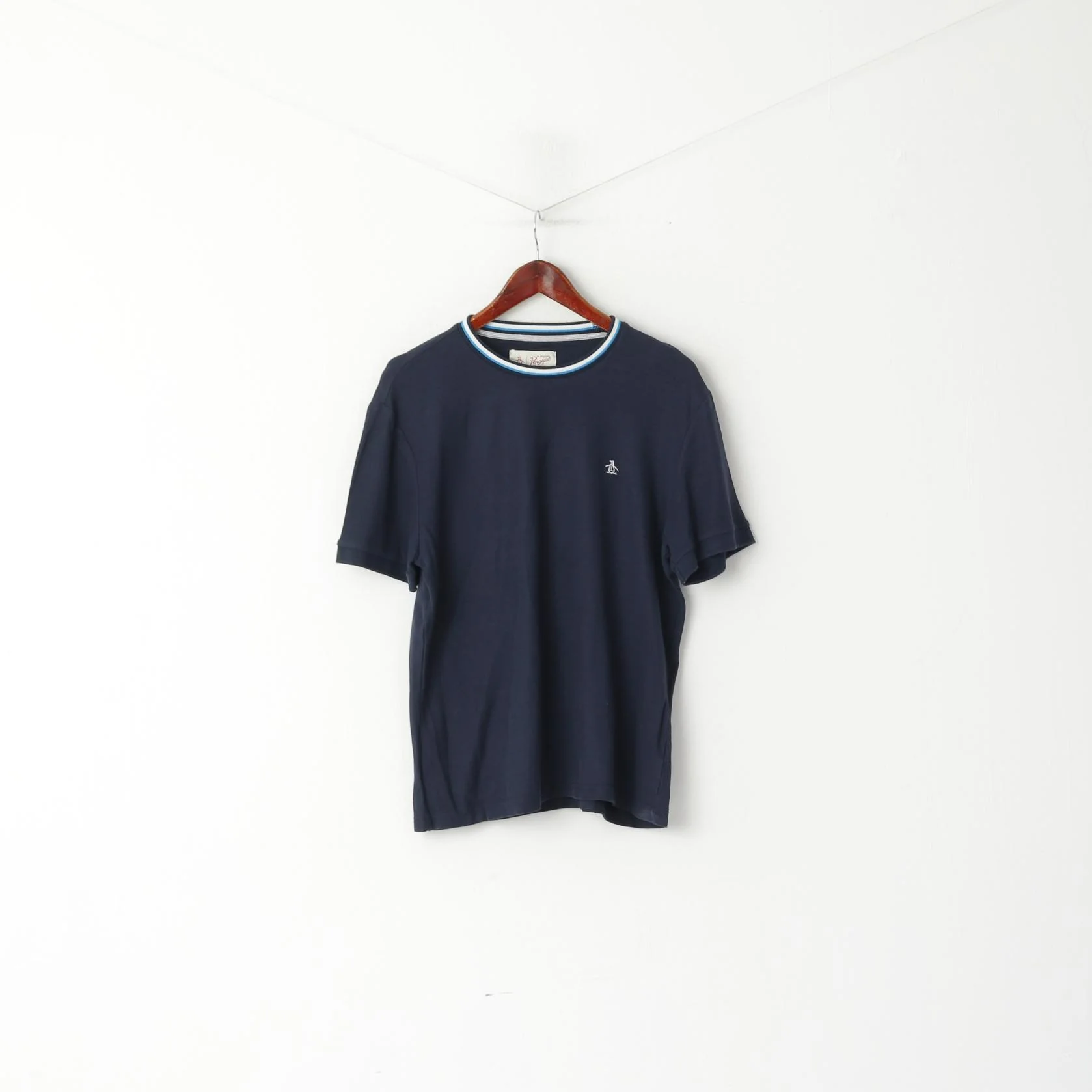 Original Penguin Mens L Shirt Navy Cotton Logo Stretch Plain Crew Neck Top