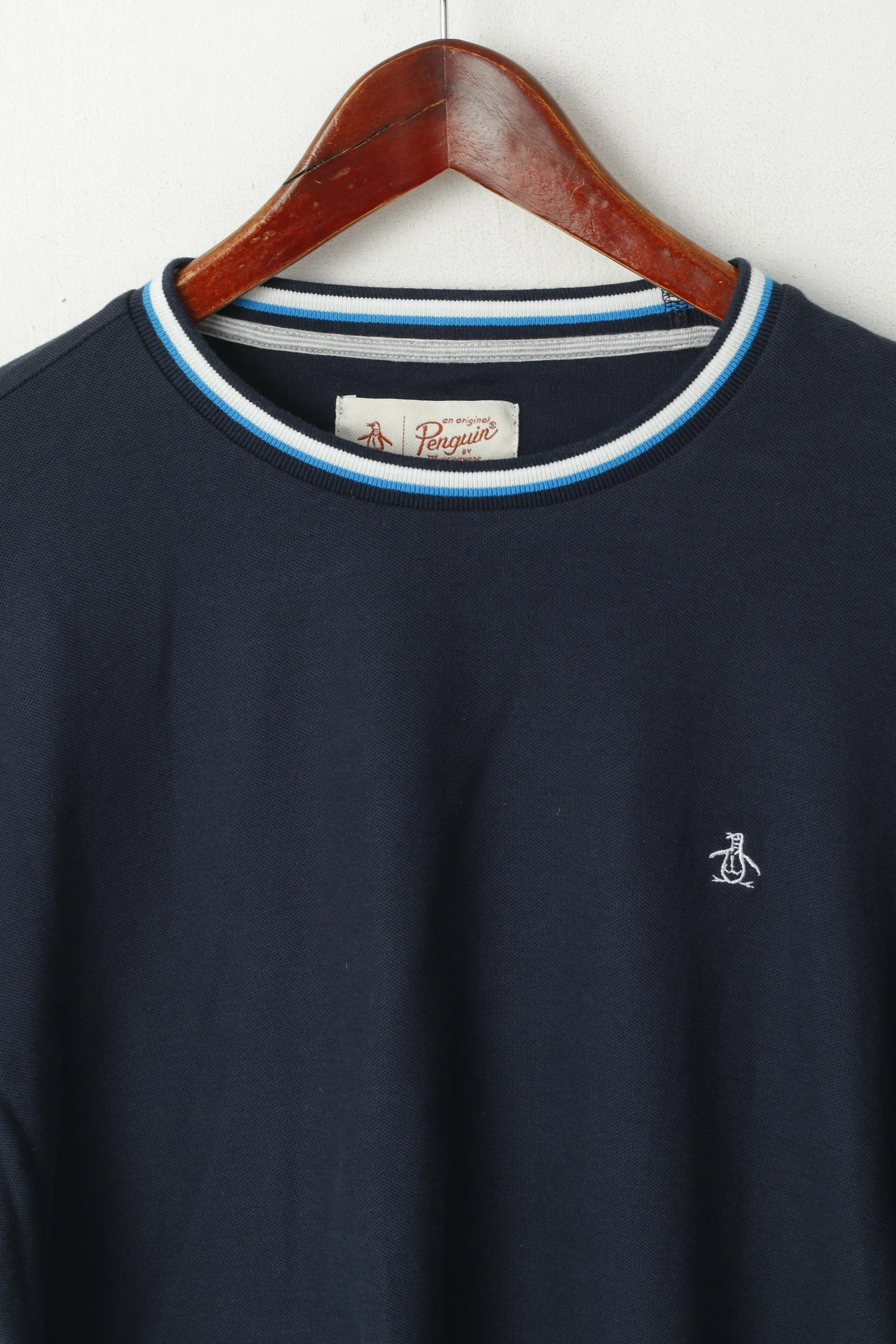Original Penguin Mens L Shirt Navy Cotton Logo Stretch Plain Crew Neck Top - Image 2