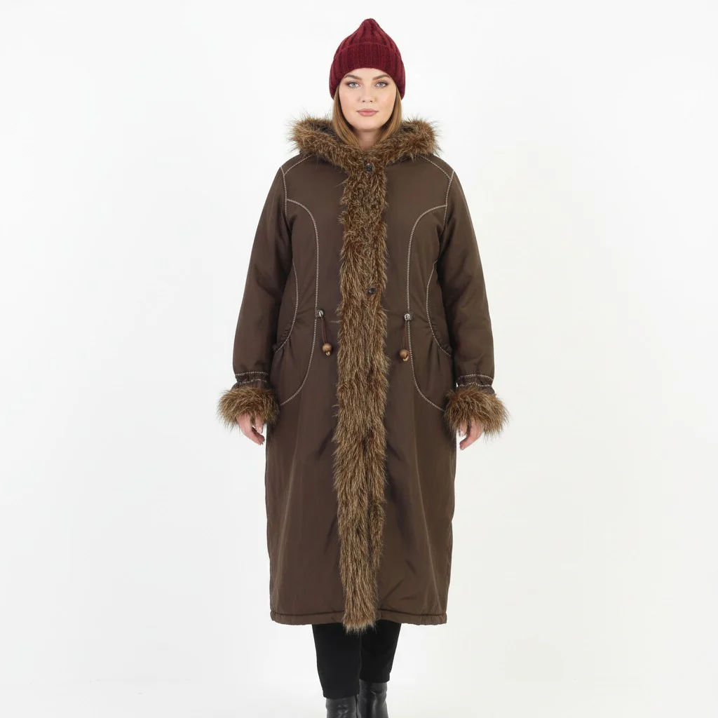 Ozzo Women XXL Coat Jacket Brown Padded Fur Hood Pockets Nylon Vintage Top