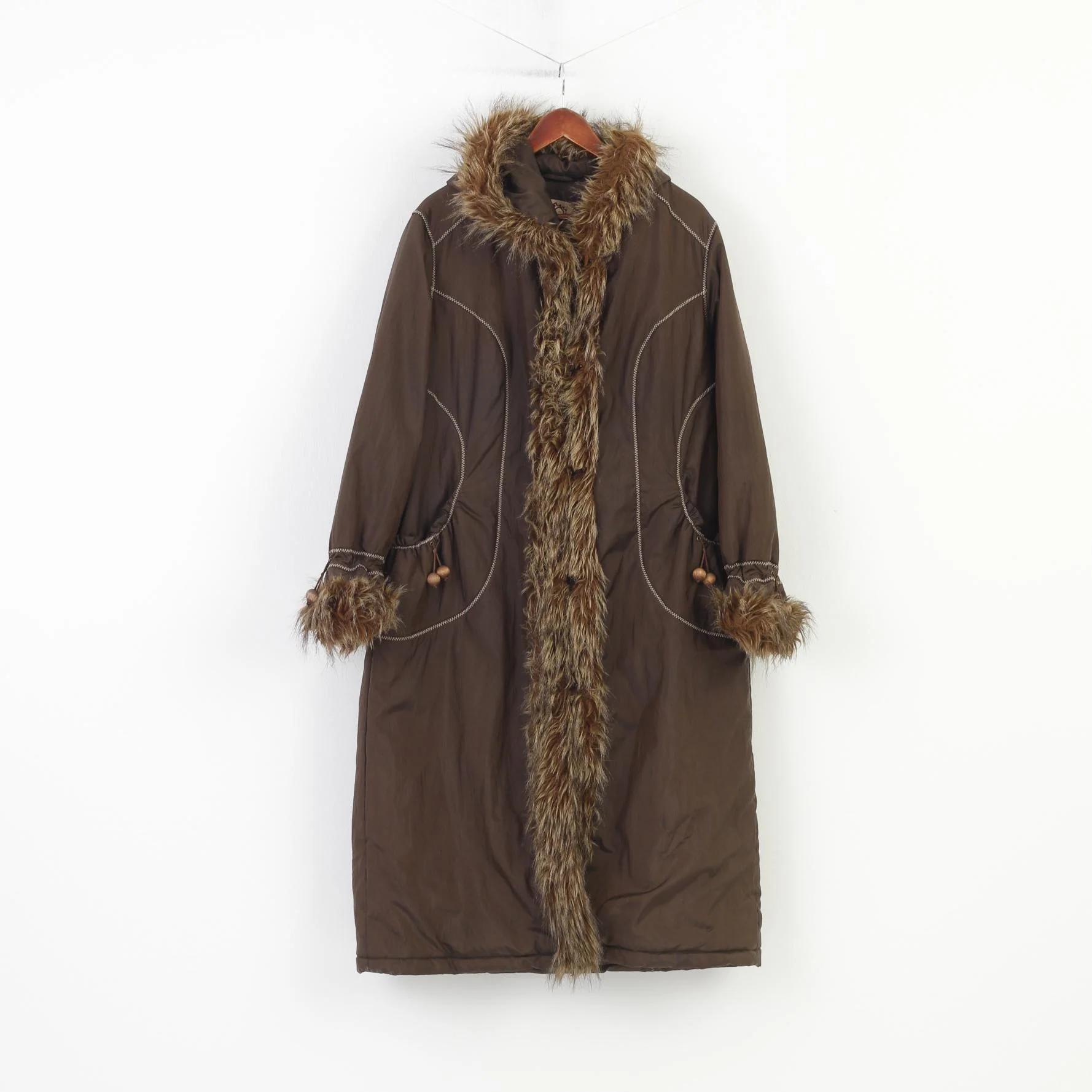 Ozzo Women XXL Coat Jacket Brown Padded Fur Hood Pockets Nylon Vintage Top - Image 2